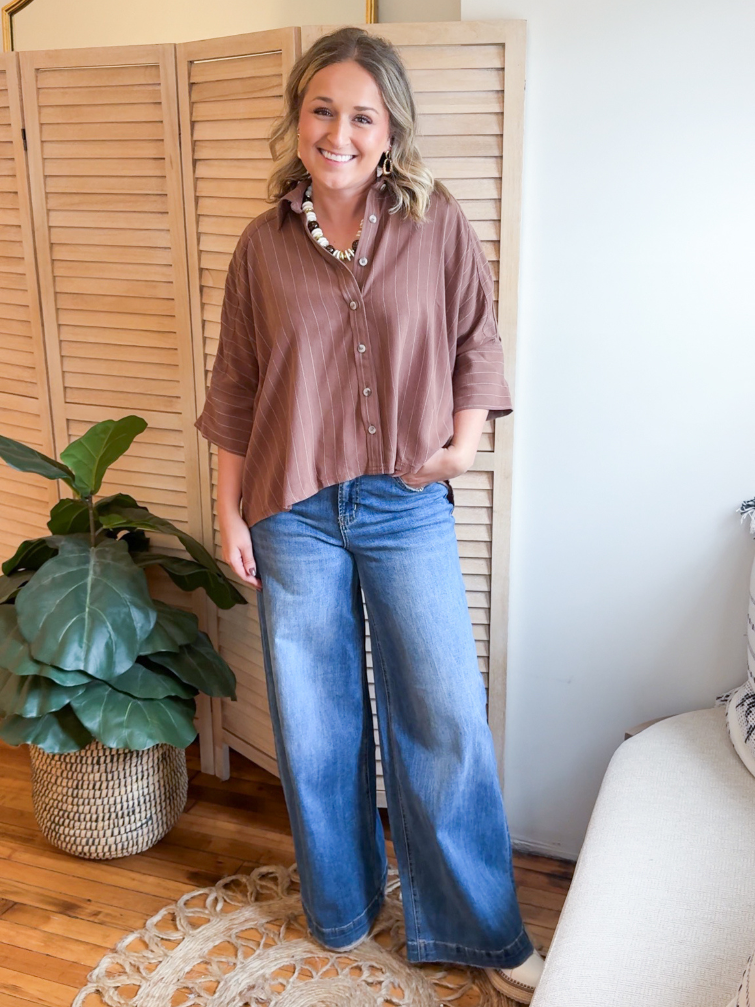 Elyse Pinstripe Button Up Shirt - Cocoa