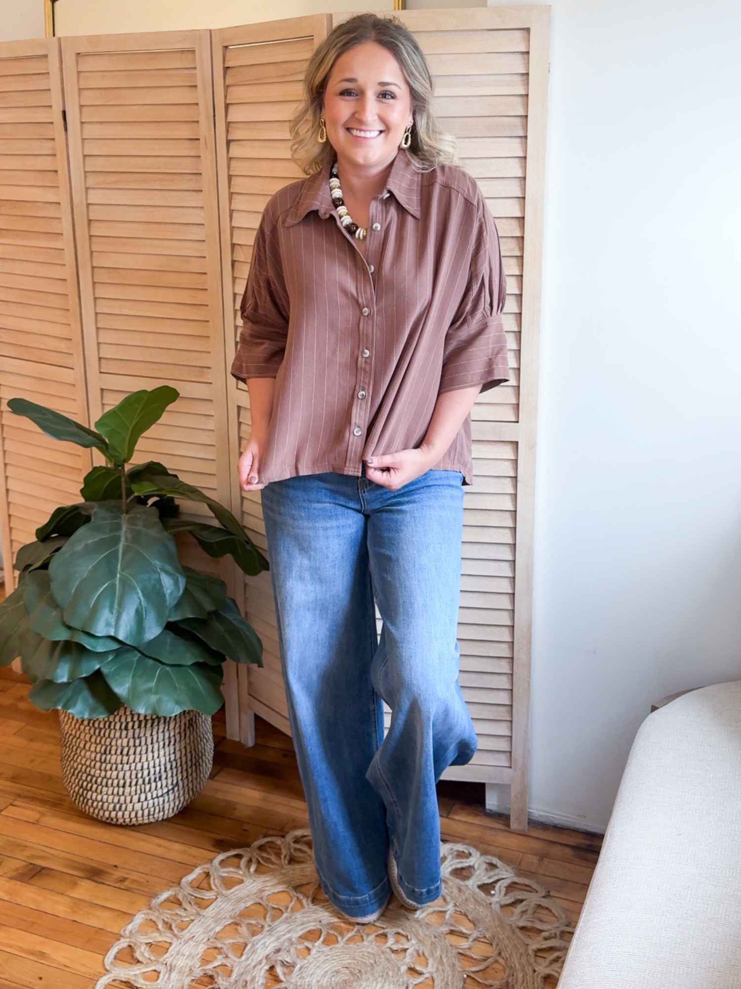 Elyse Pinstripe Button Up Shirt - Cocoa