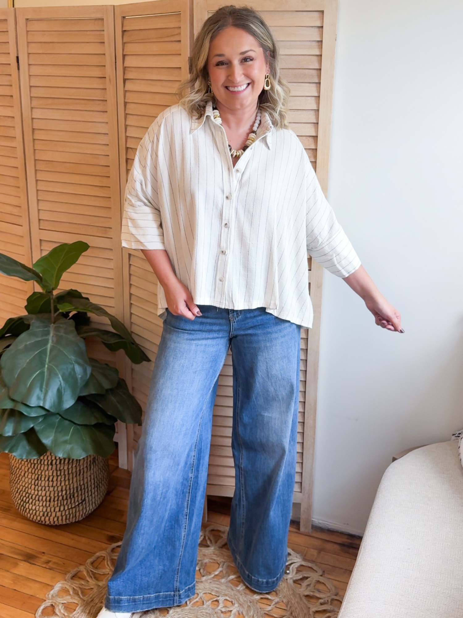 Elyse Pinstripe Button Up Shirt - Oatmeal