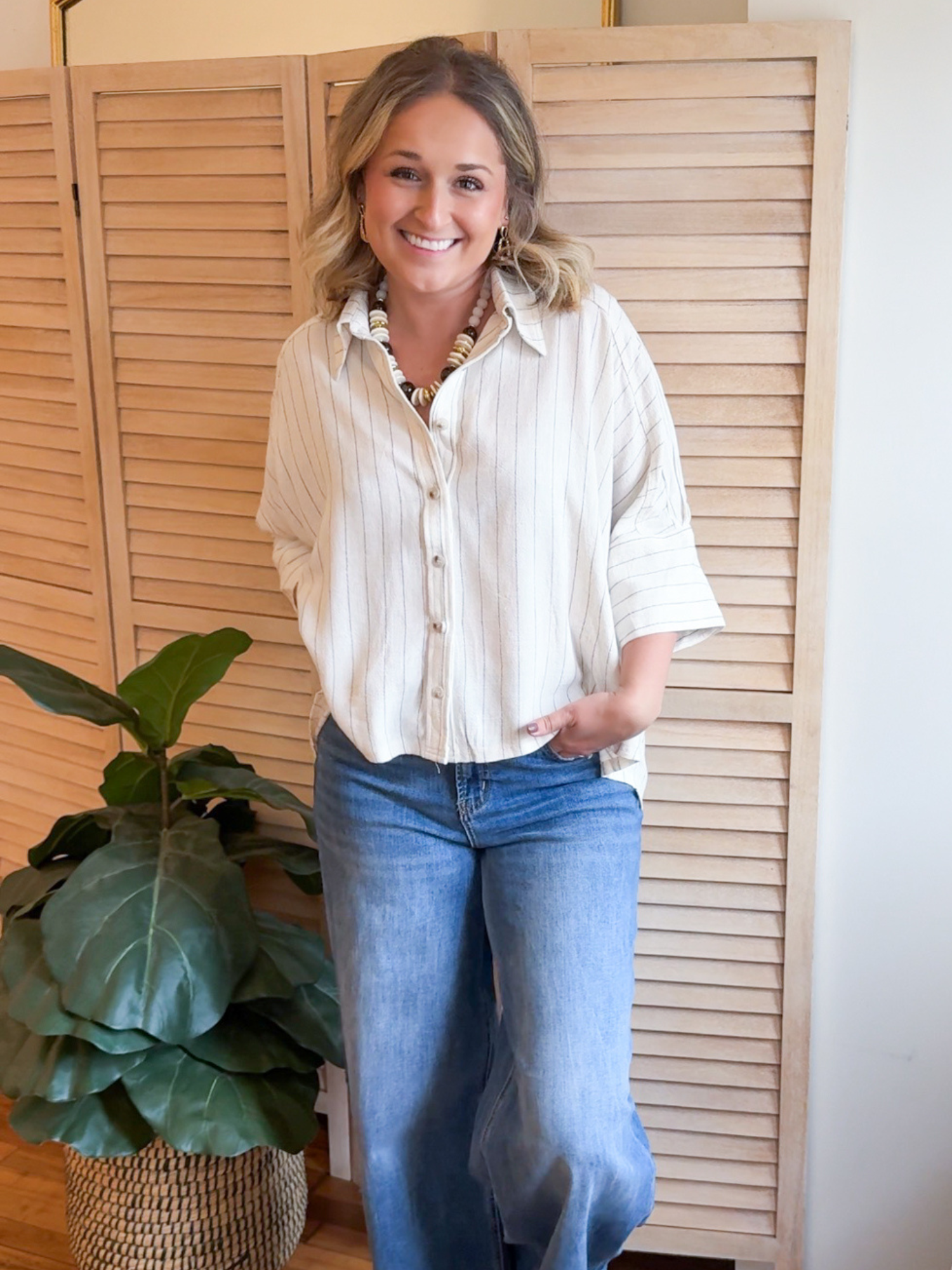 Elyse Pinstripe Button Up Shirt - Oatmeal