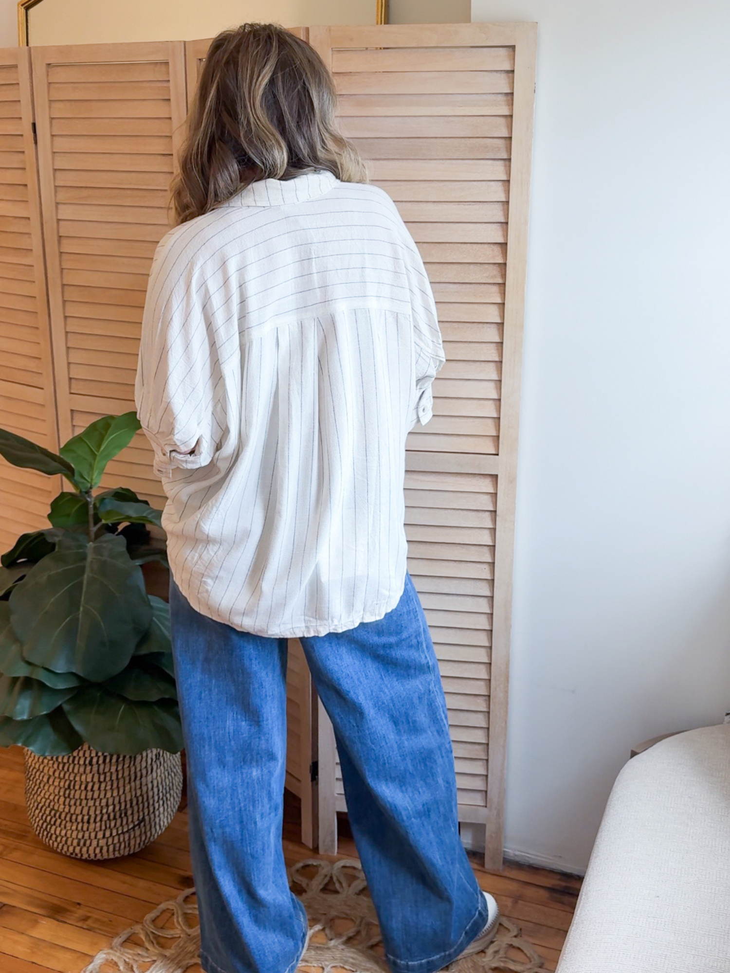 Elyse Pinstripe Button Up Shirt - Oatmeal