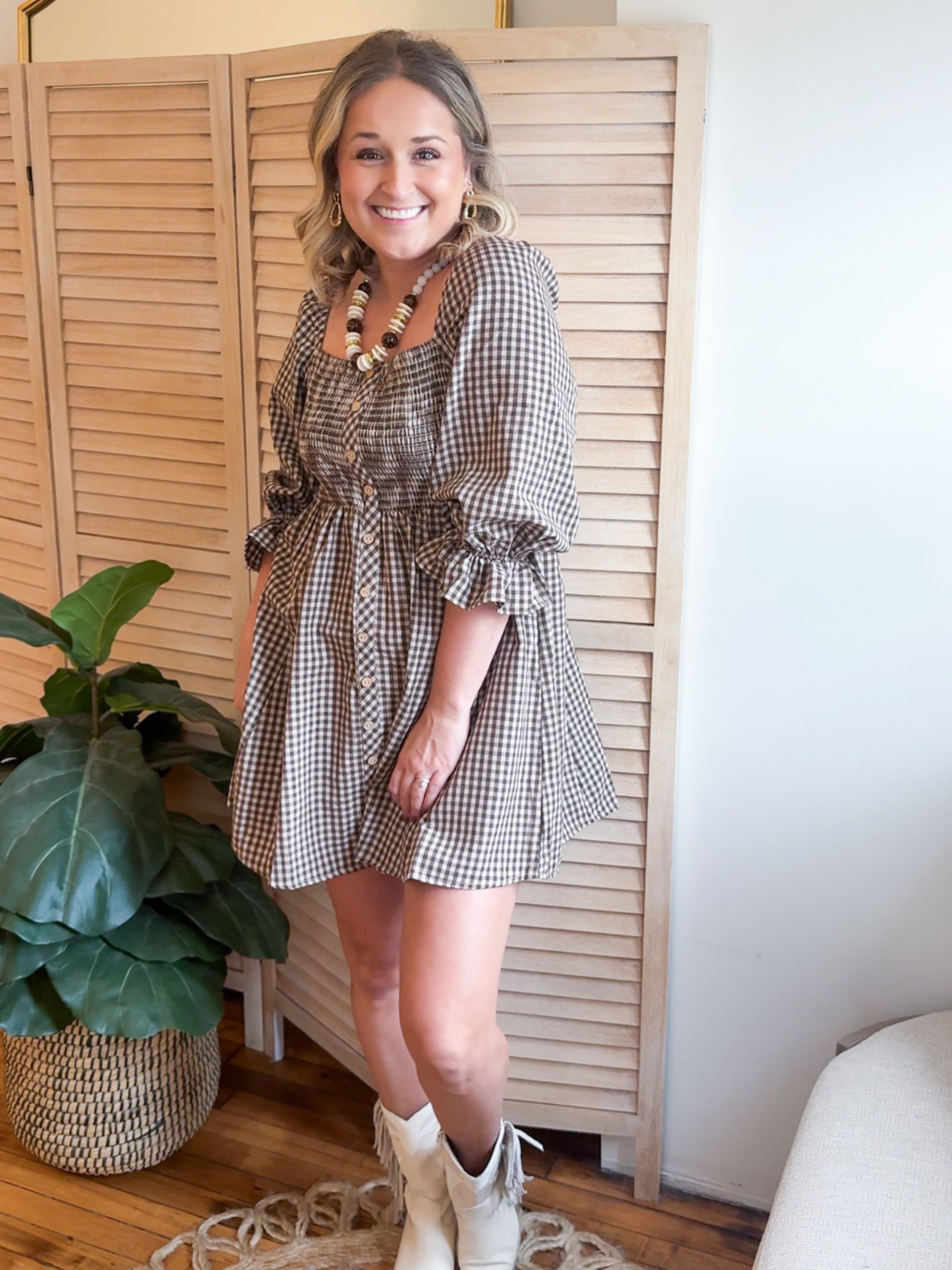 Nara Gingham Smocked Mini Dress