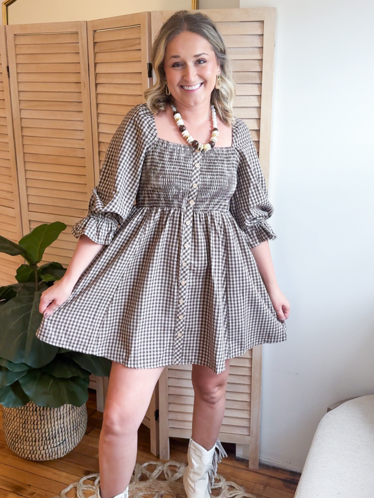 Nara Gingham Smocked Mini Dress