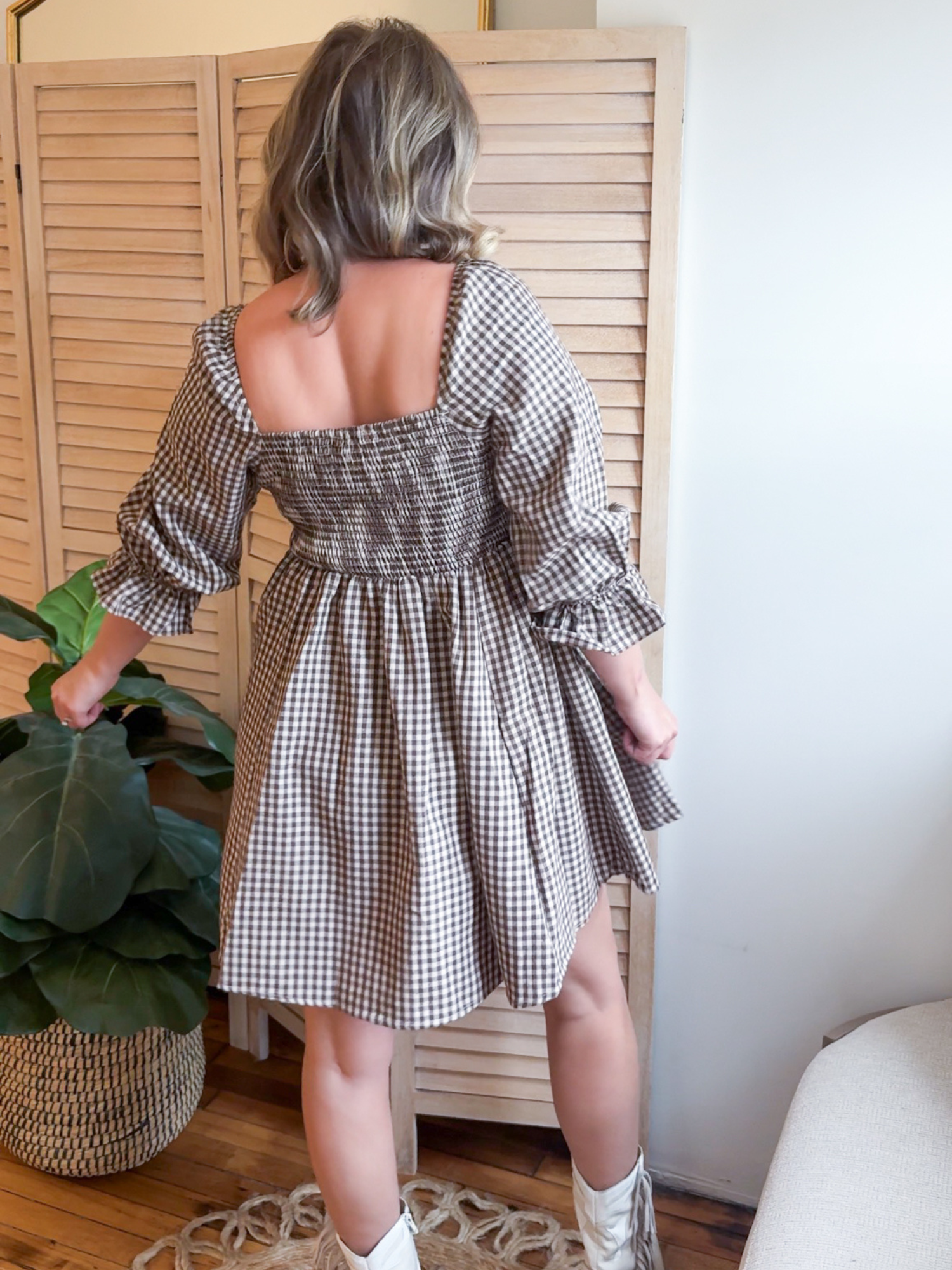 Nara Gingham Smocked Mini Dress