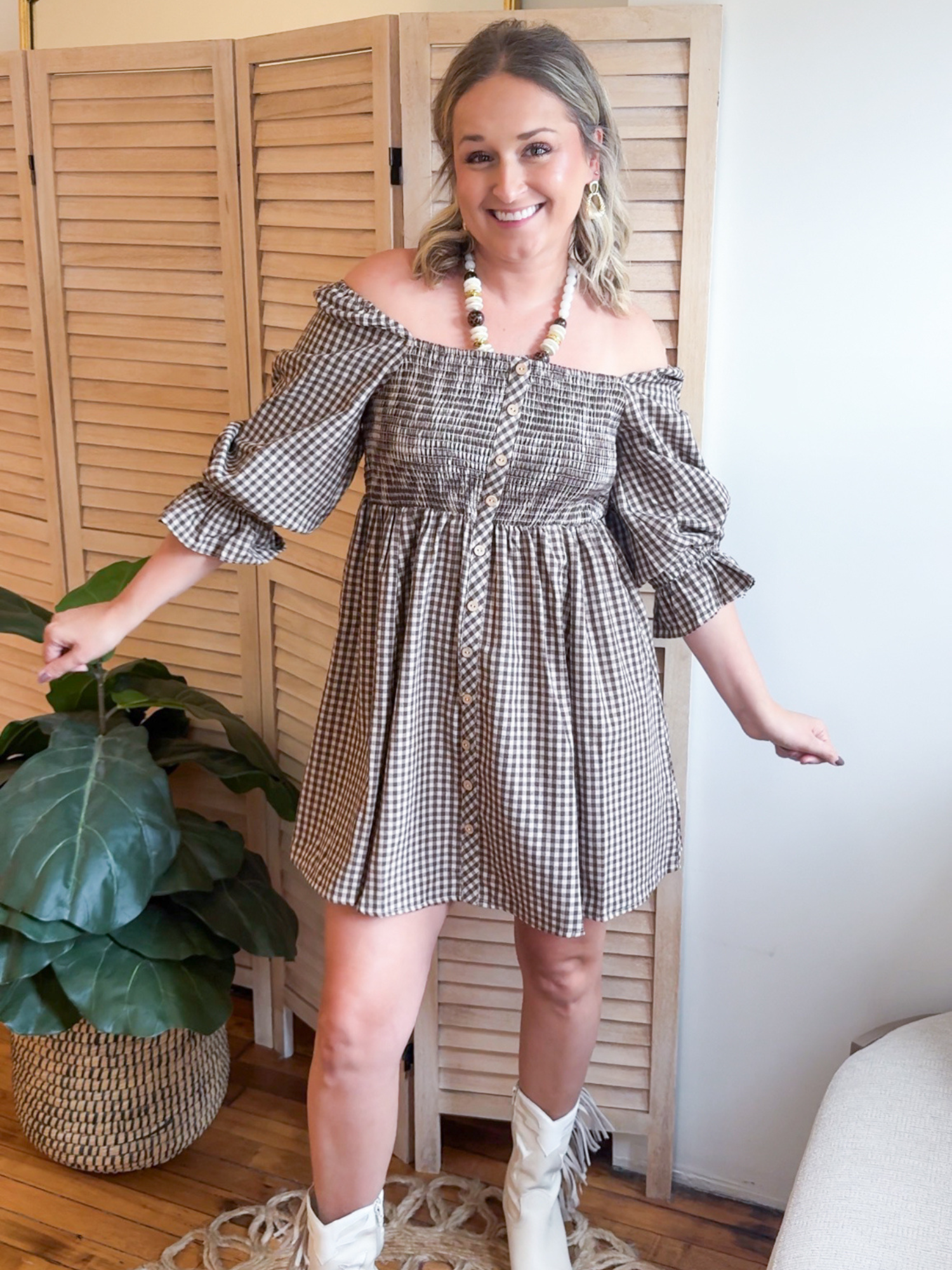 Nara Gingham Smocked Mini Dress