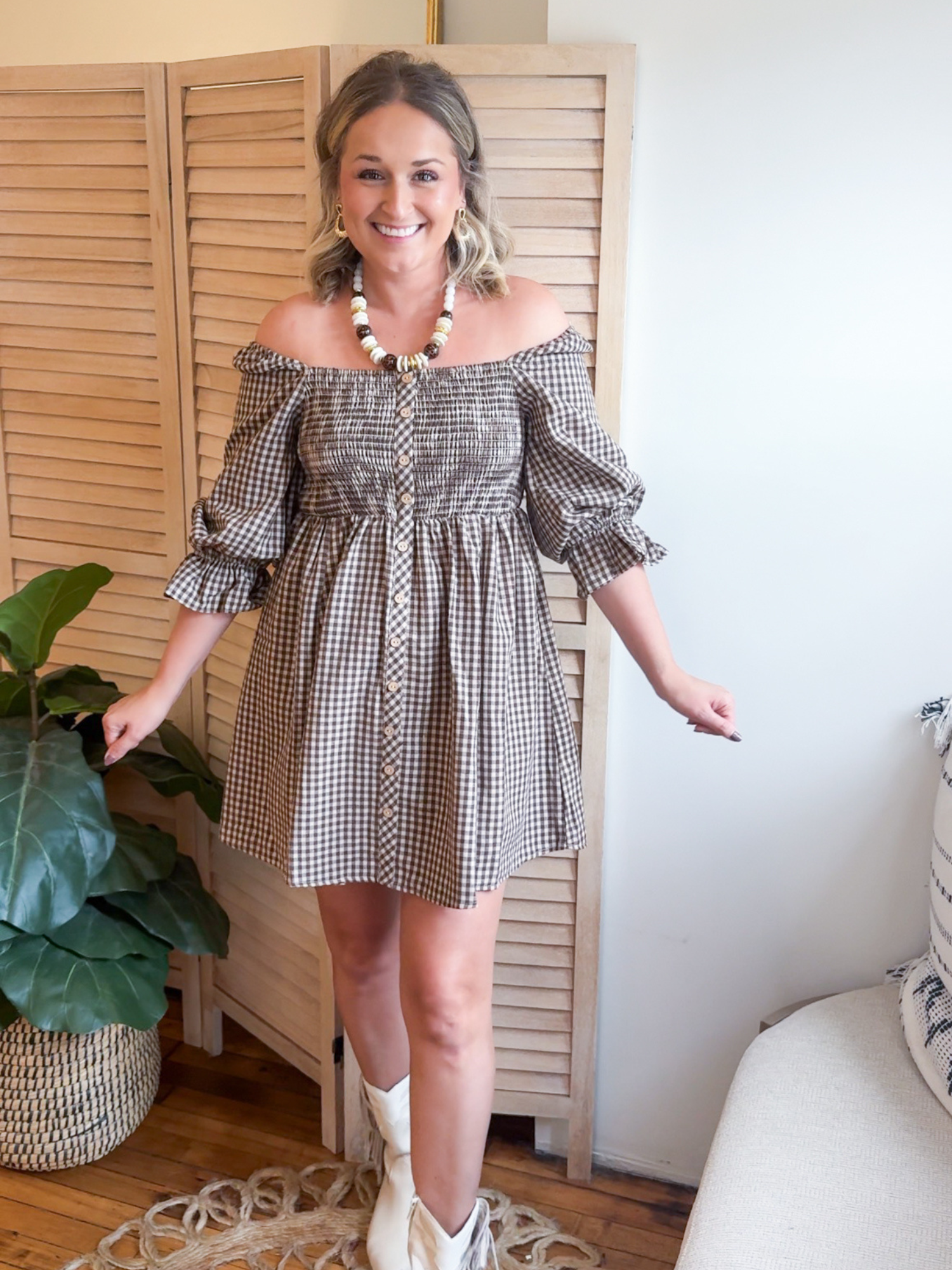 Nara Gingham Smocked Mini Dress