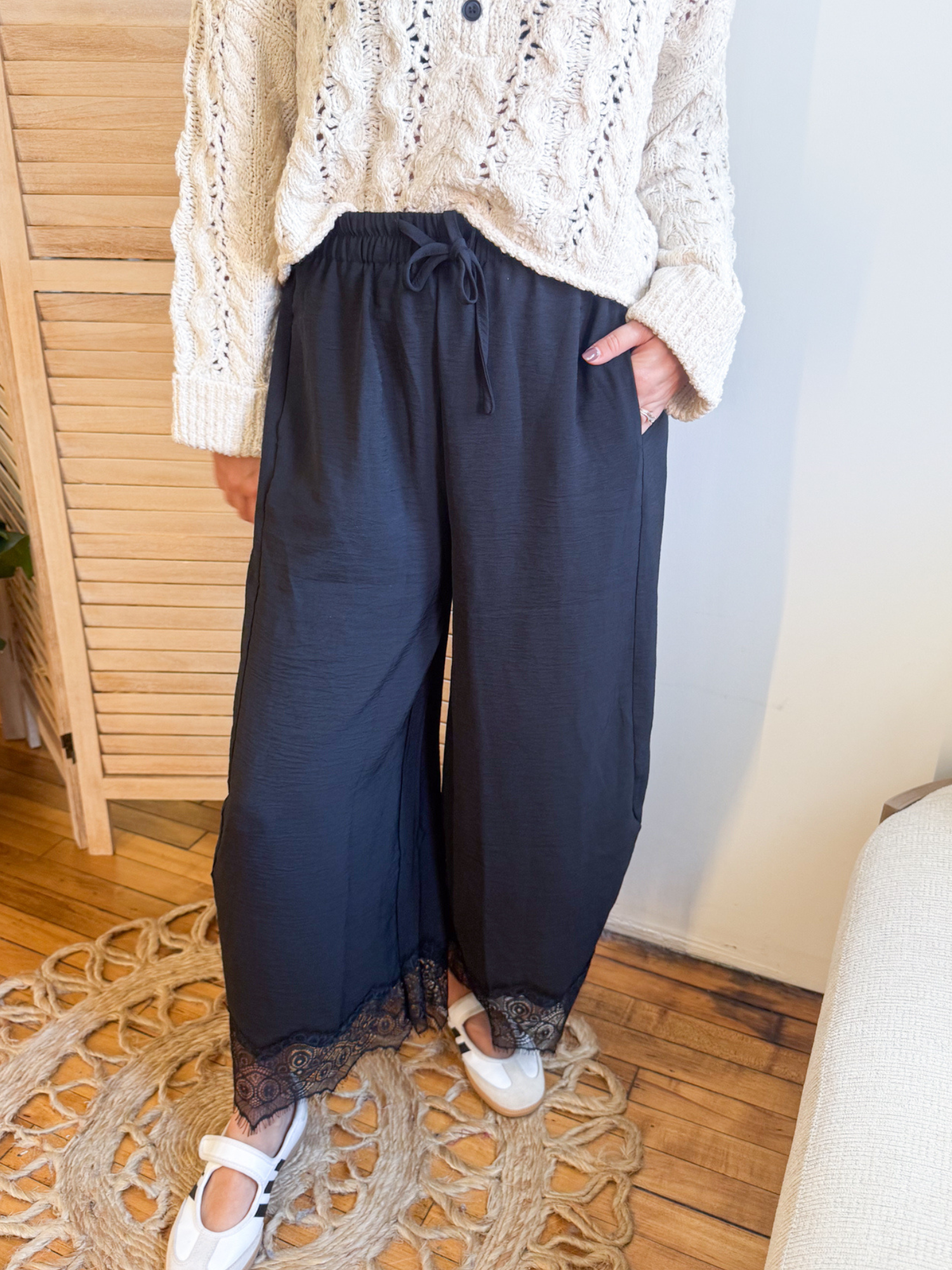 Kamri Lace Hem Wide Leg Pants - Black