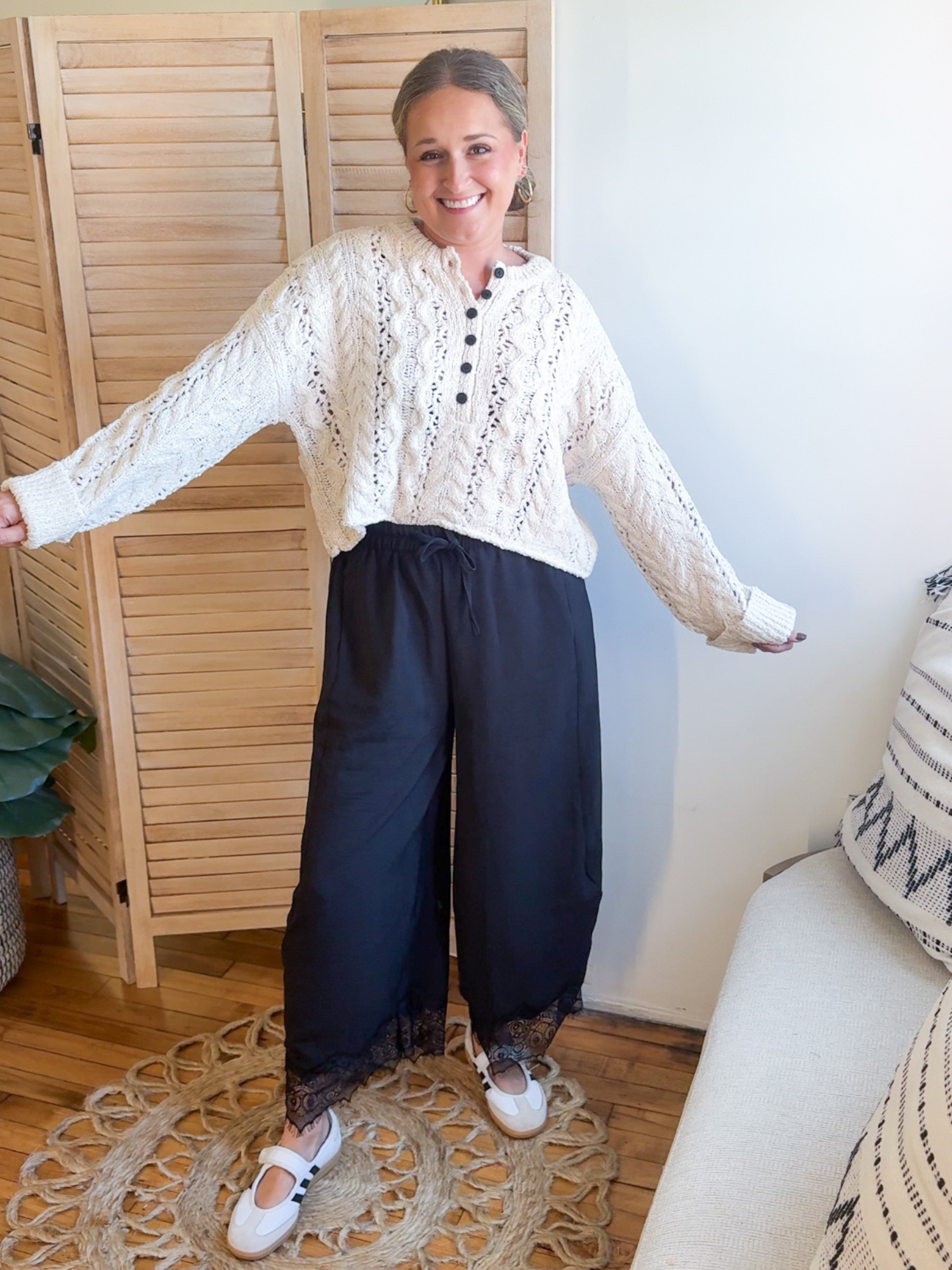 Kamri Lace Hem Wide Leg Pants - Black
