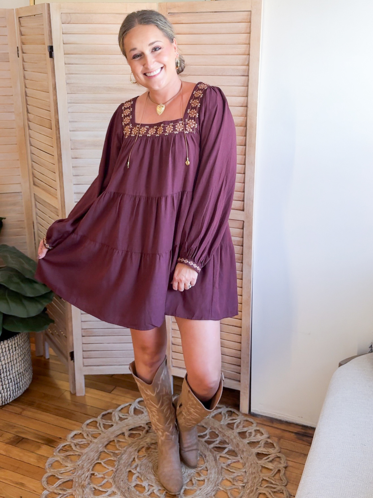 Merlot Embroidered Mini Dress