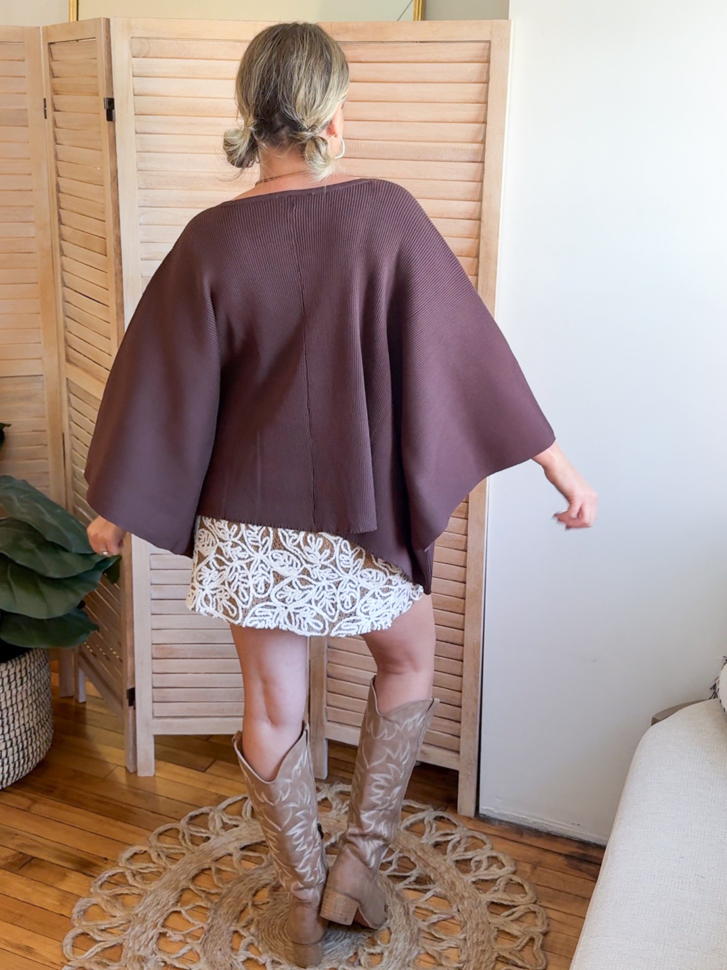 Espresso Ribbed V Neck Poncho