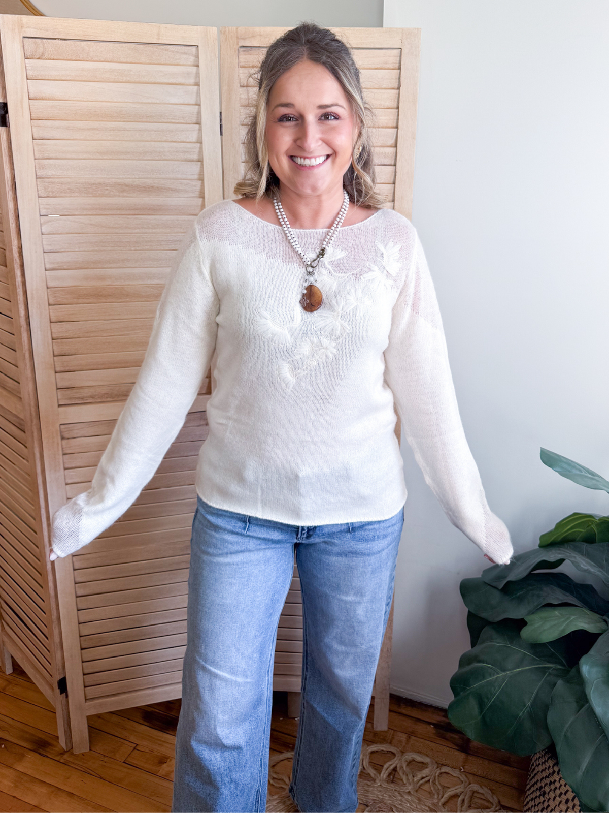 Kensie Floral Embroidered Sweater - Cloud