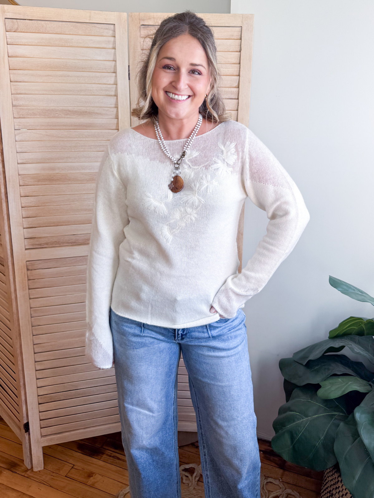 Kensie Floral Embroidered Sweater - Cloud