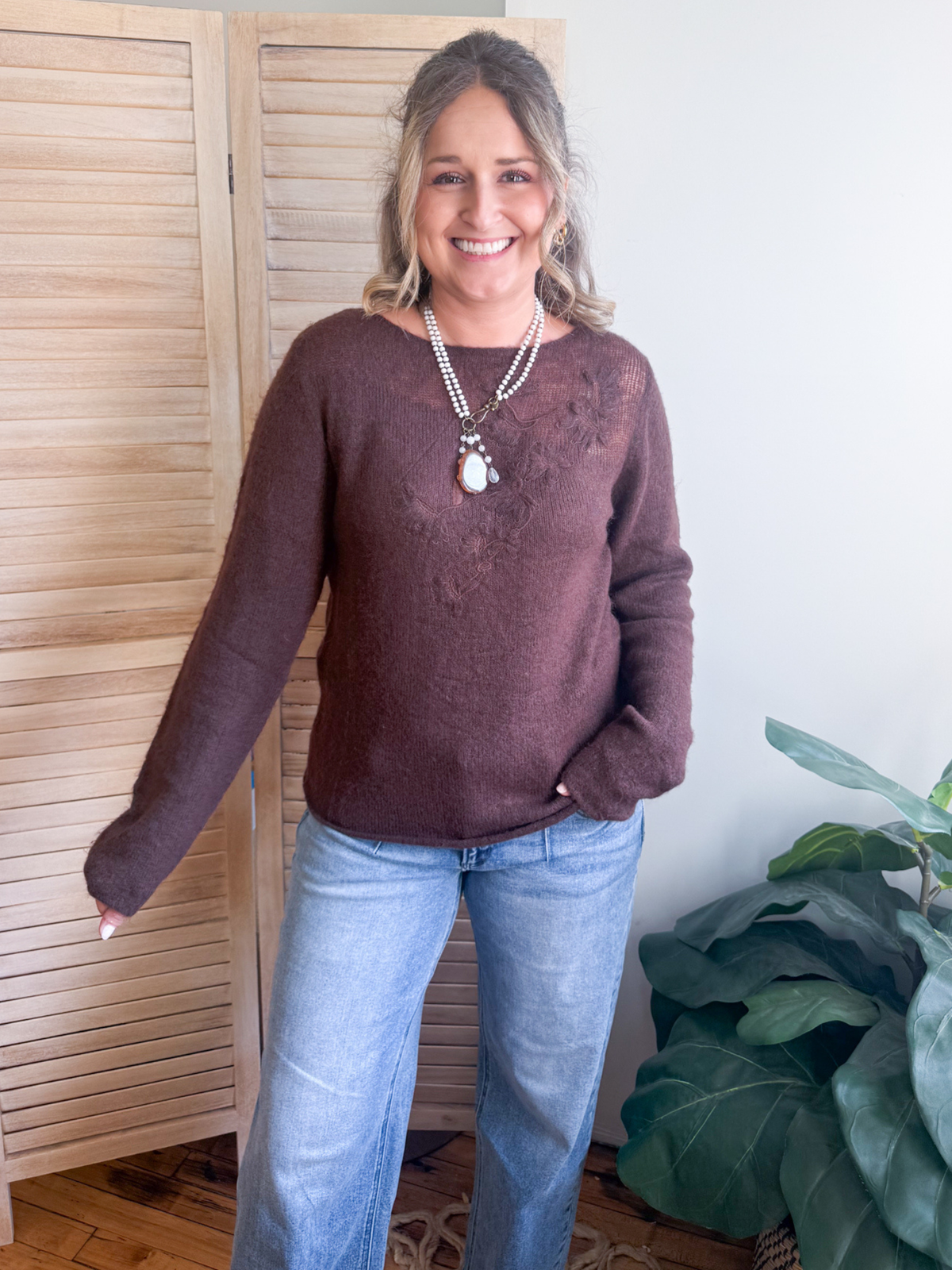Kensie Floral Embroidered Sweater - Chocolate
