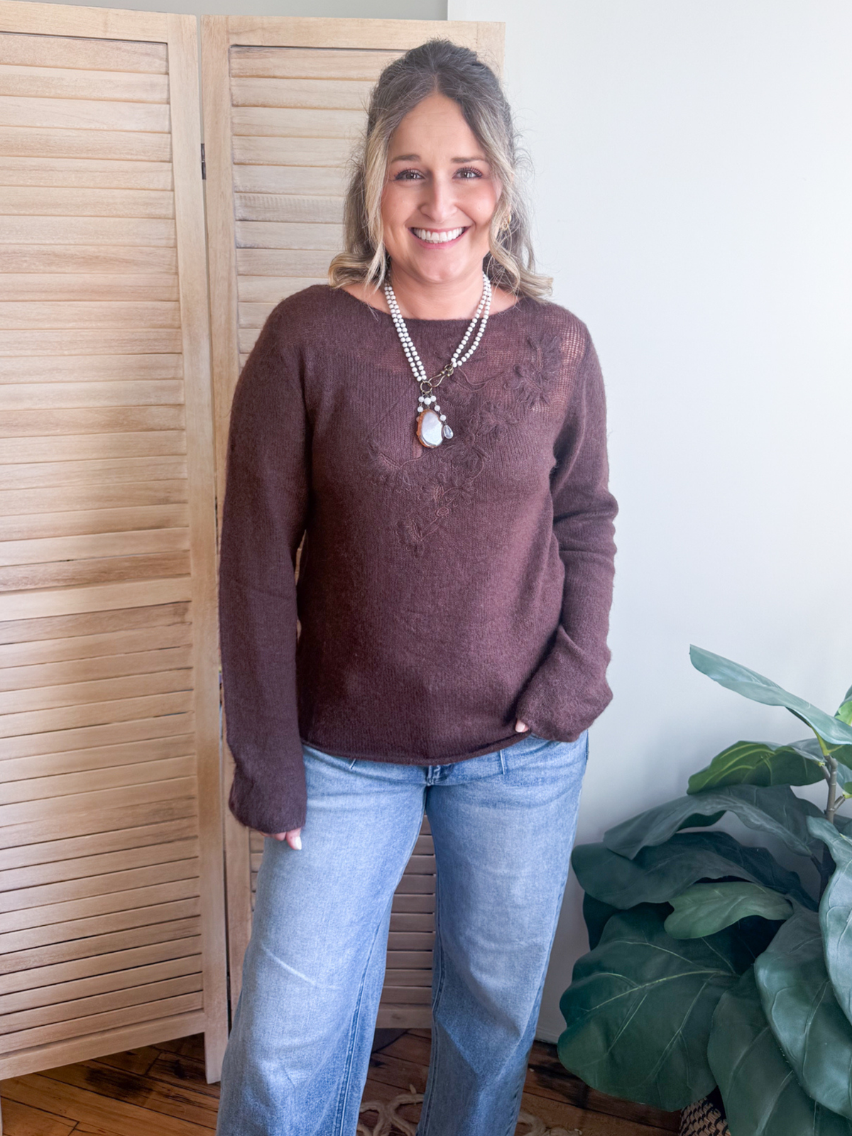 Kensie Floral Embroidered Sweater - Chocolate