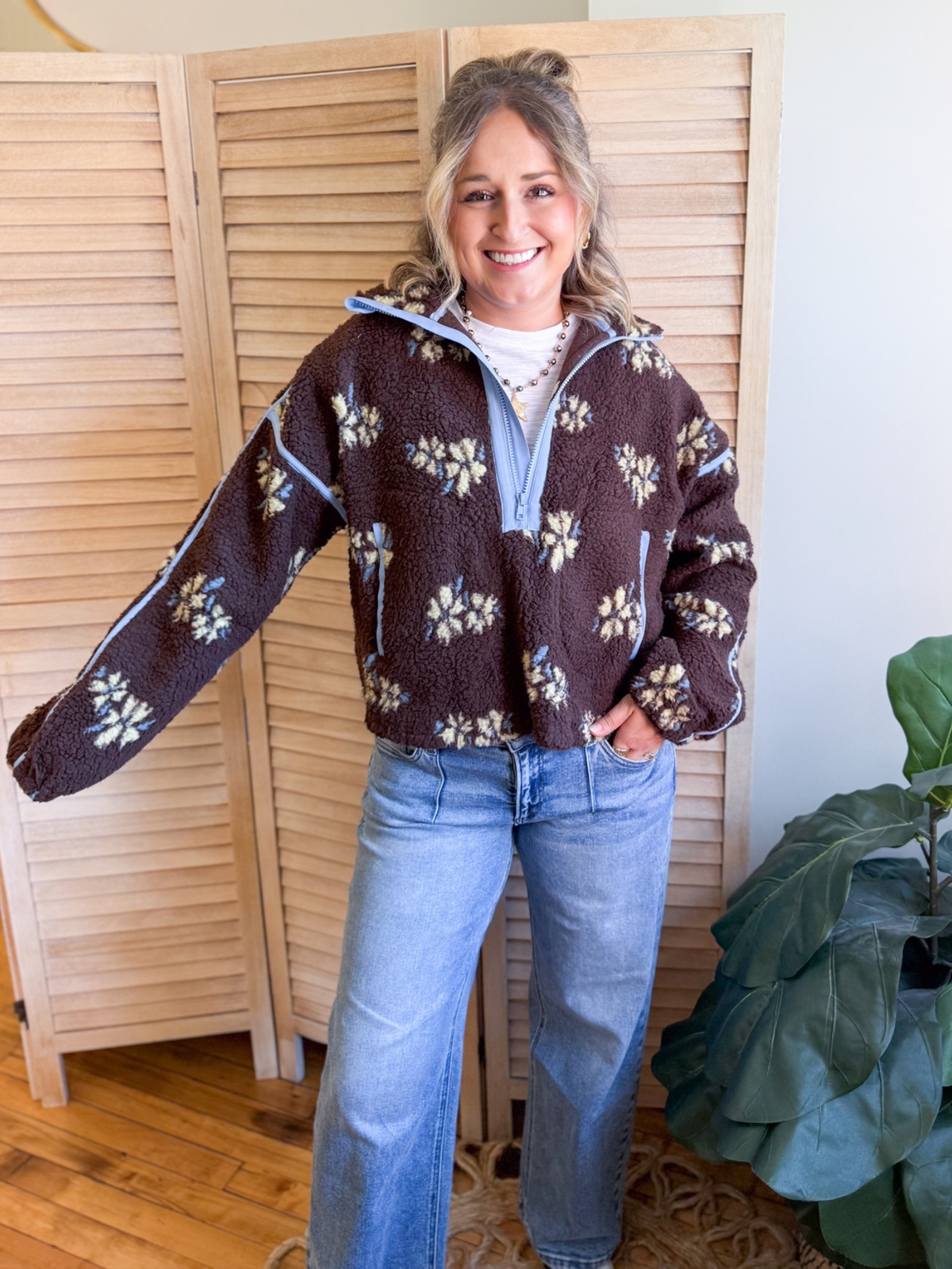 Chocolate Floral Quarter Zip Sherpa