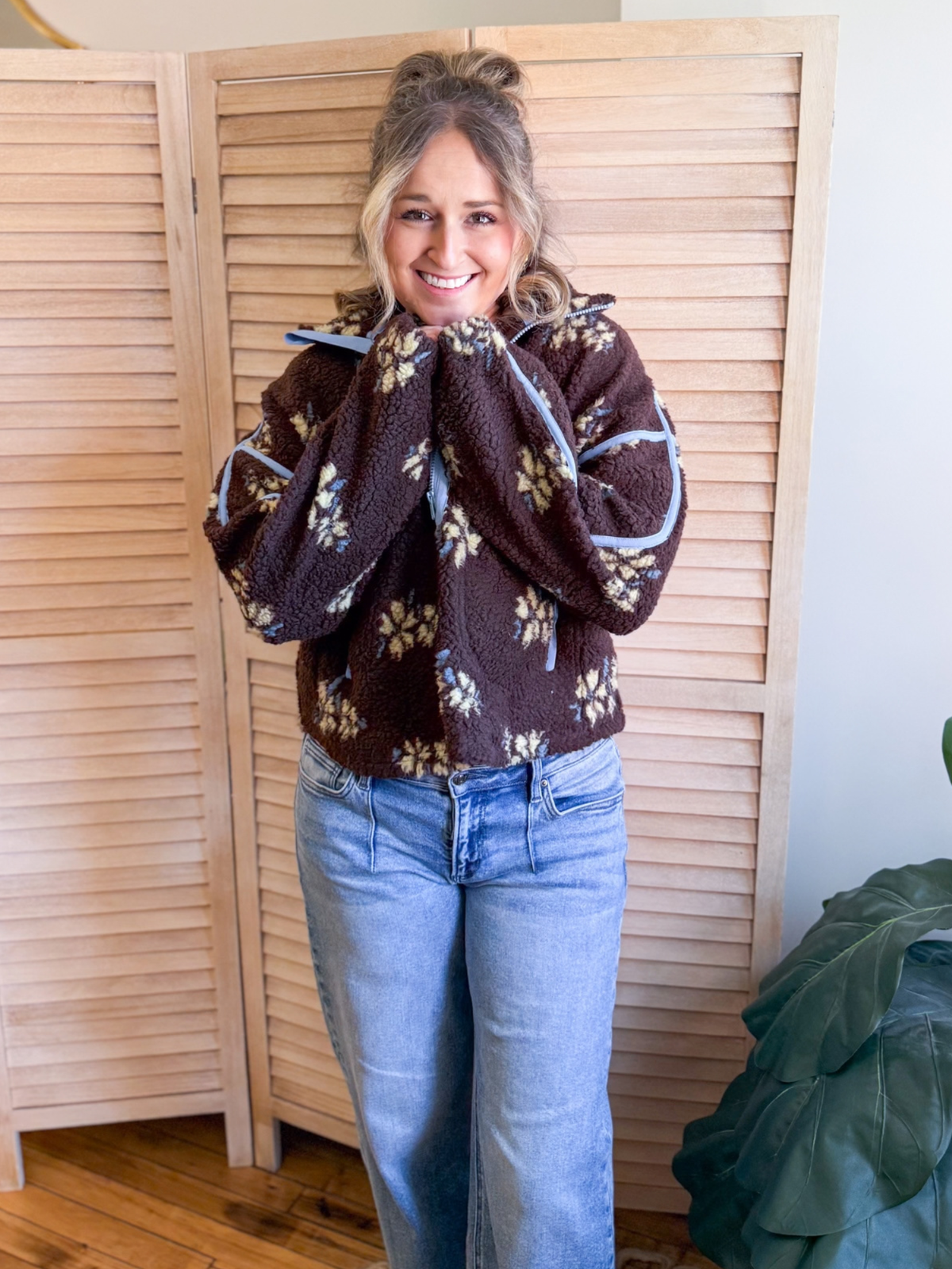 Chocolate Floral Quarter Zip Sherpa