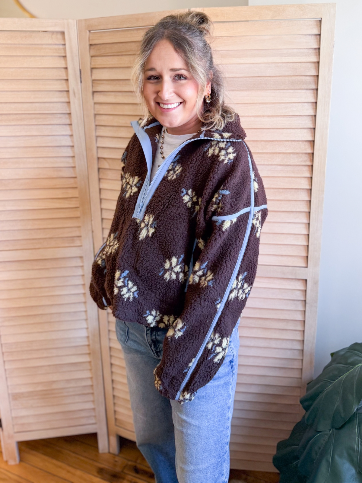 Chocolate Floral Quarter Zip Sherpa