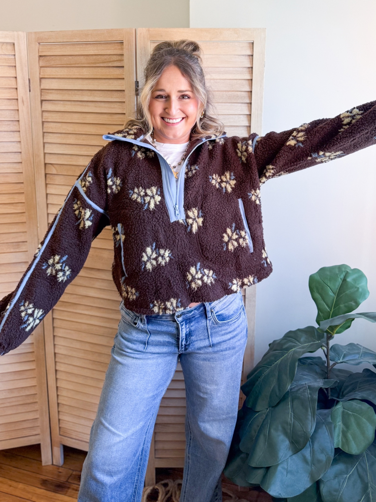 Chocolate Floral Quarter Zip Sherpa