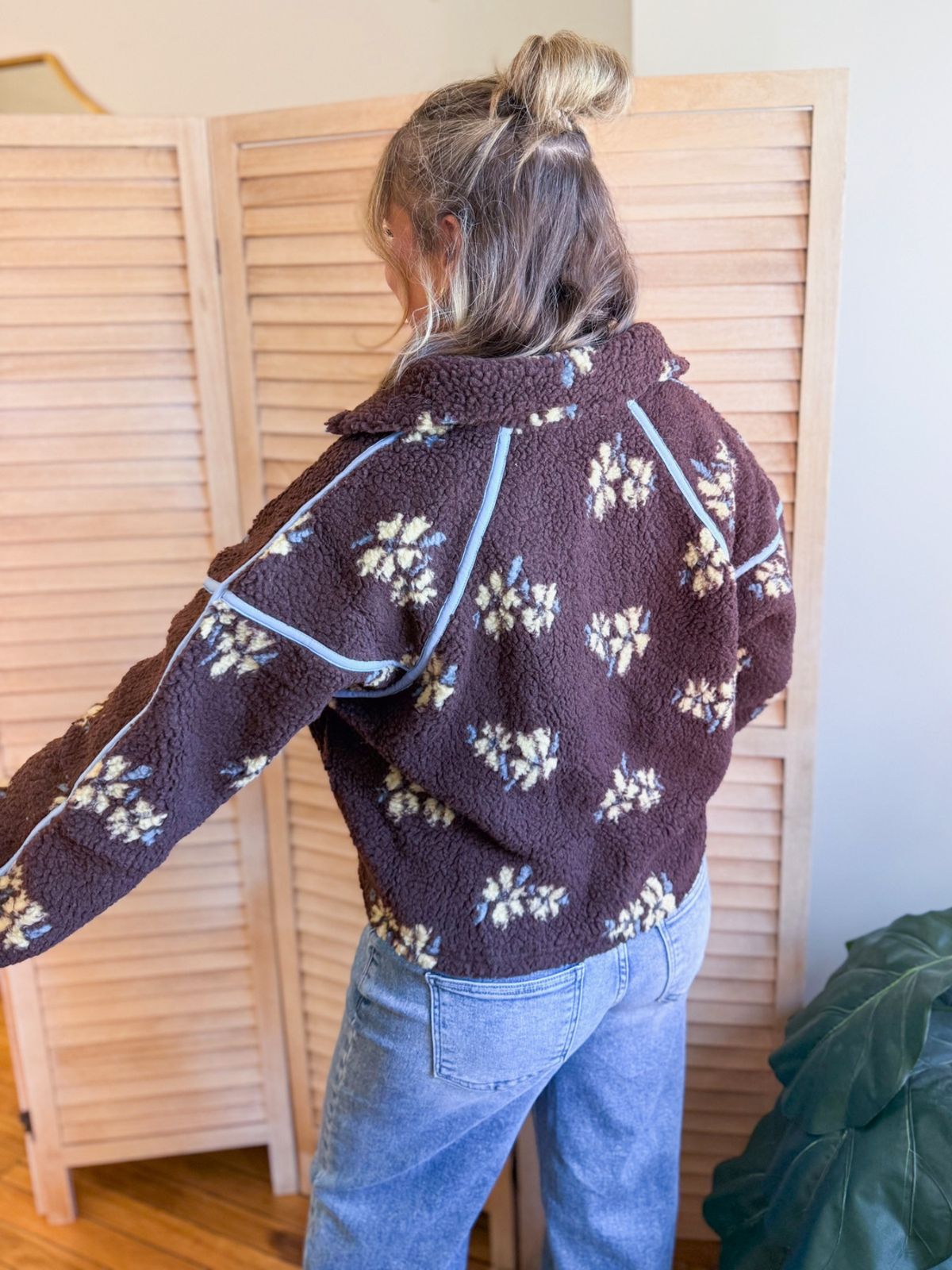 Chocolate Floral Quarter Zip Sherpa