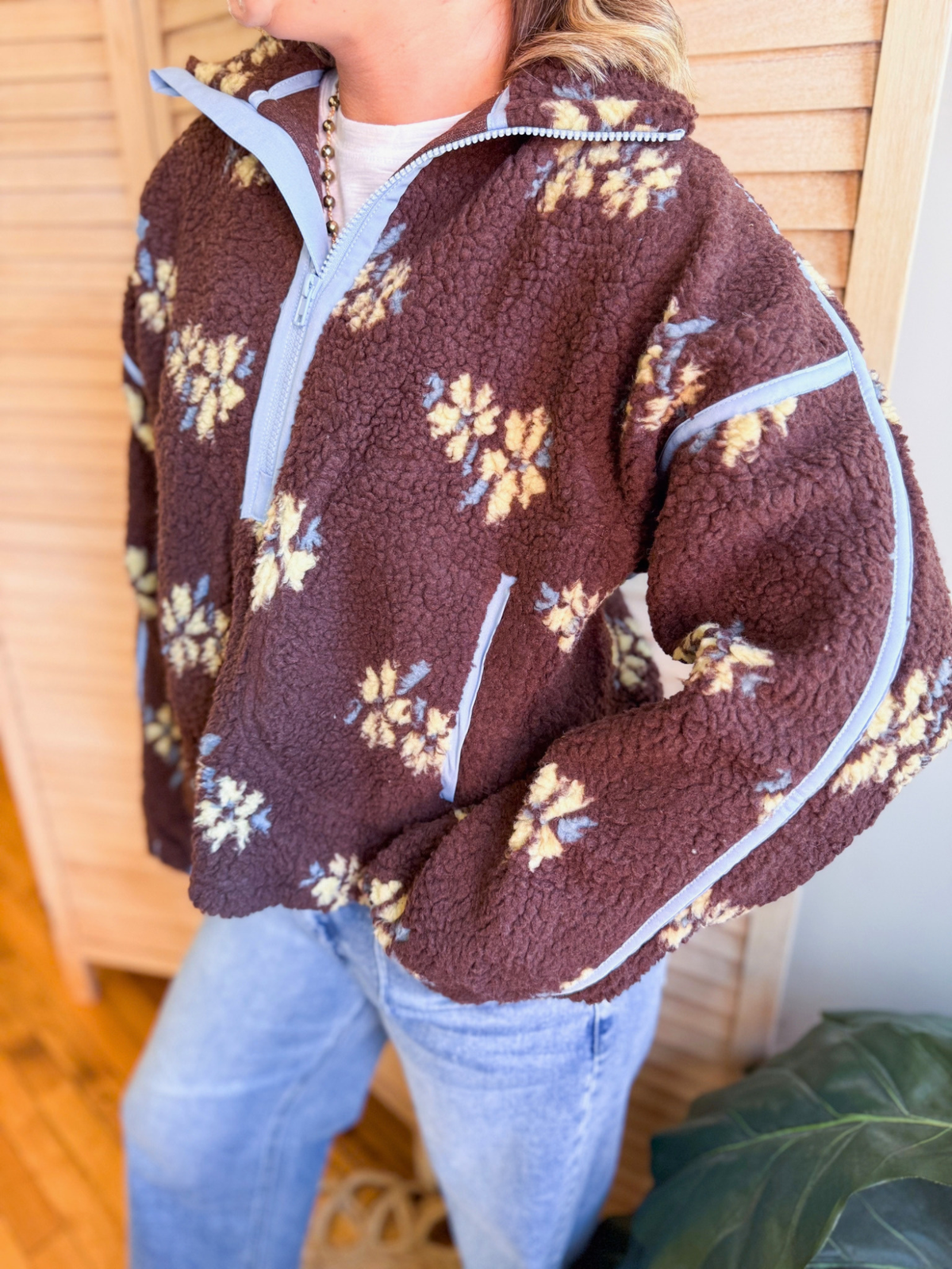 Chocolate Floral Quarter Zip Sherpa