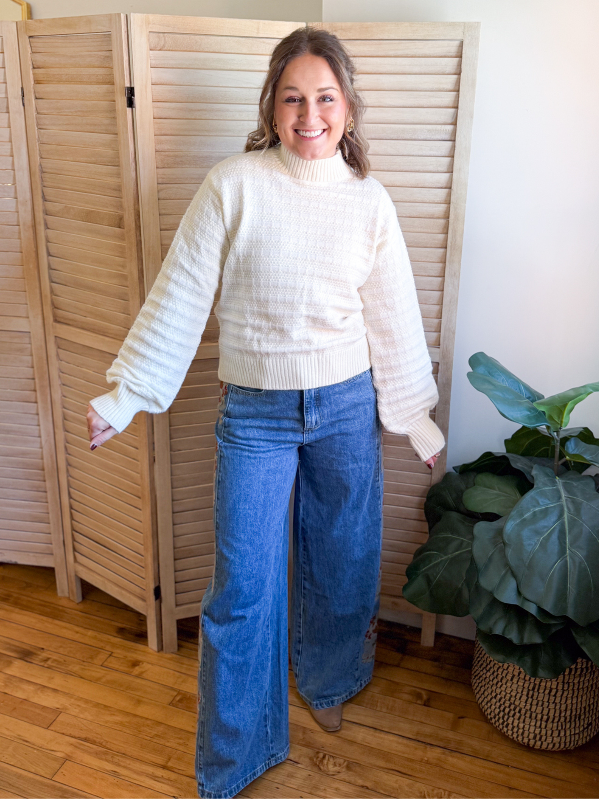 Floral Embroidered Wide Leg Jeans - The Collective Rose