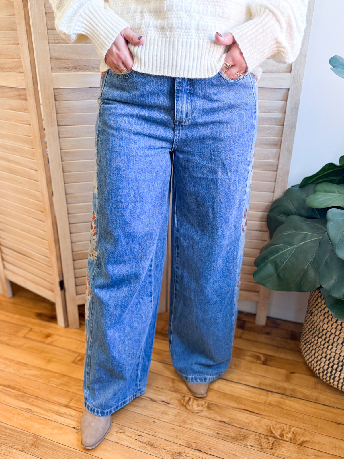 Floral Embroidered Wide Leg Jeans - The Collective Rose