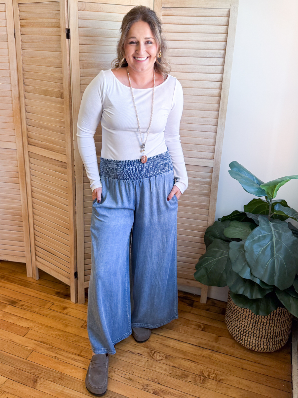 Washed Chambray Smocked Waist Wide Leg Pants