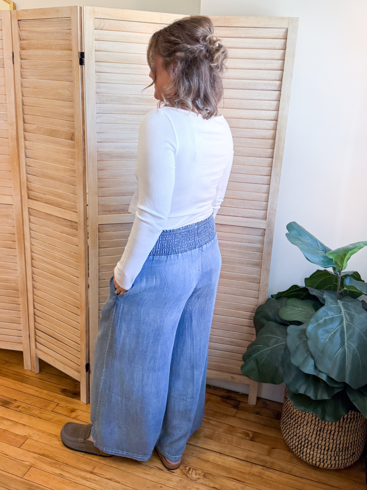 Washed Chambray Smocked Waist Wide Leg Pants