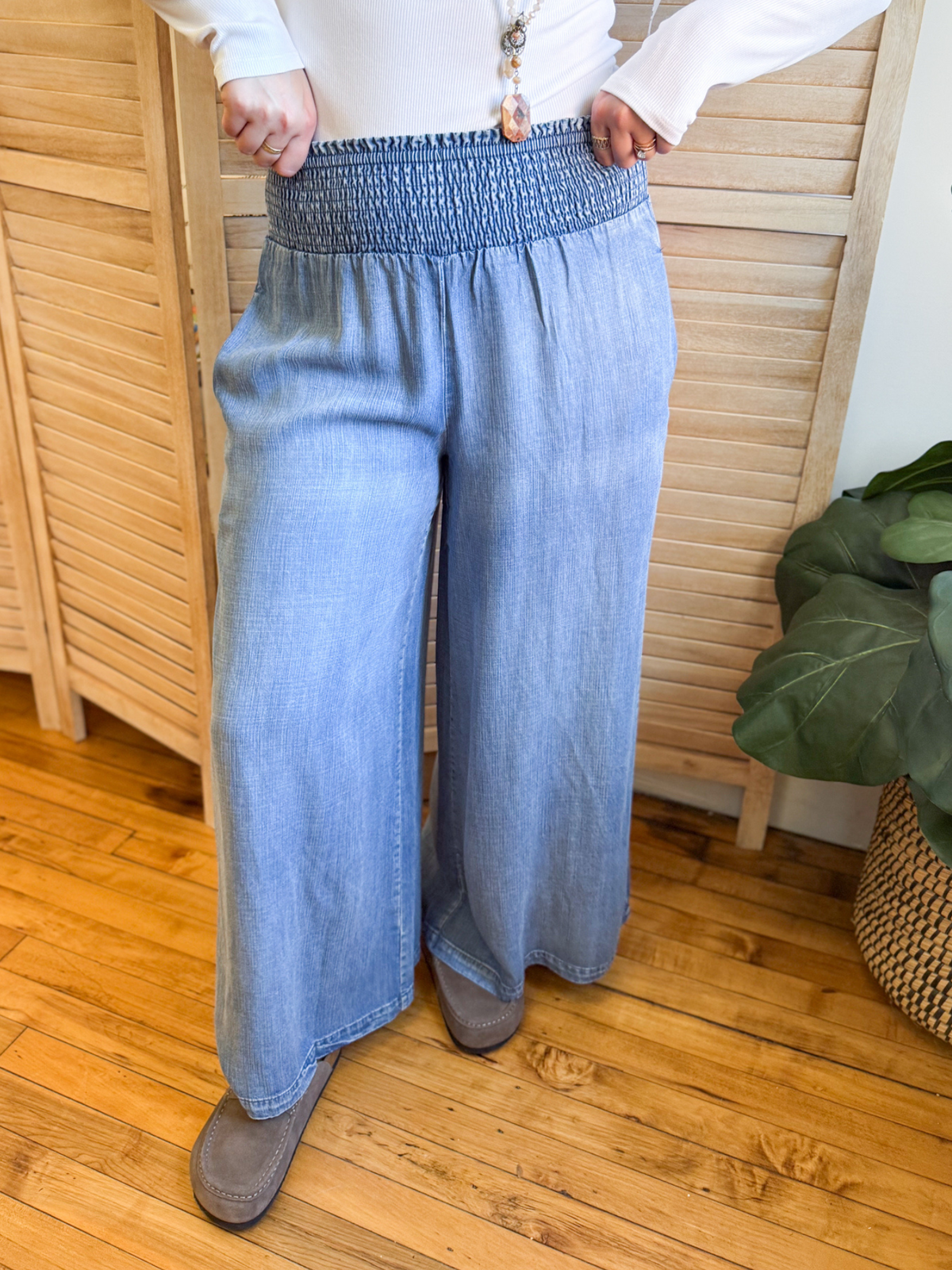 Washed Chambray Smocked Waist Wide Leg Pants