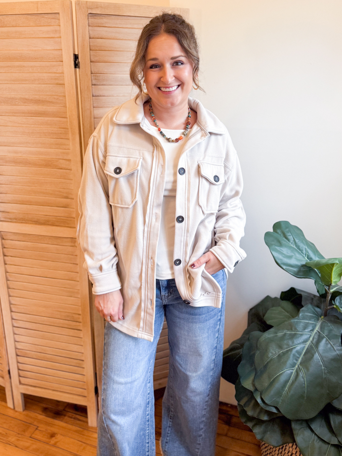 Oversized Basic Fleece Shacket - Sand Beige