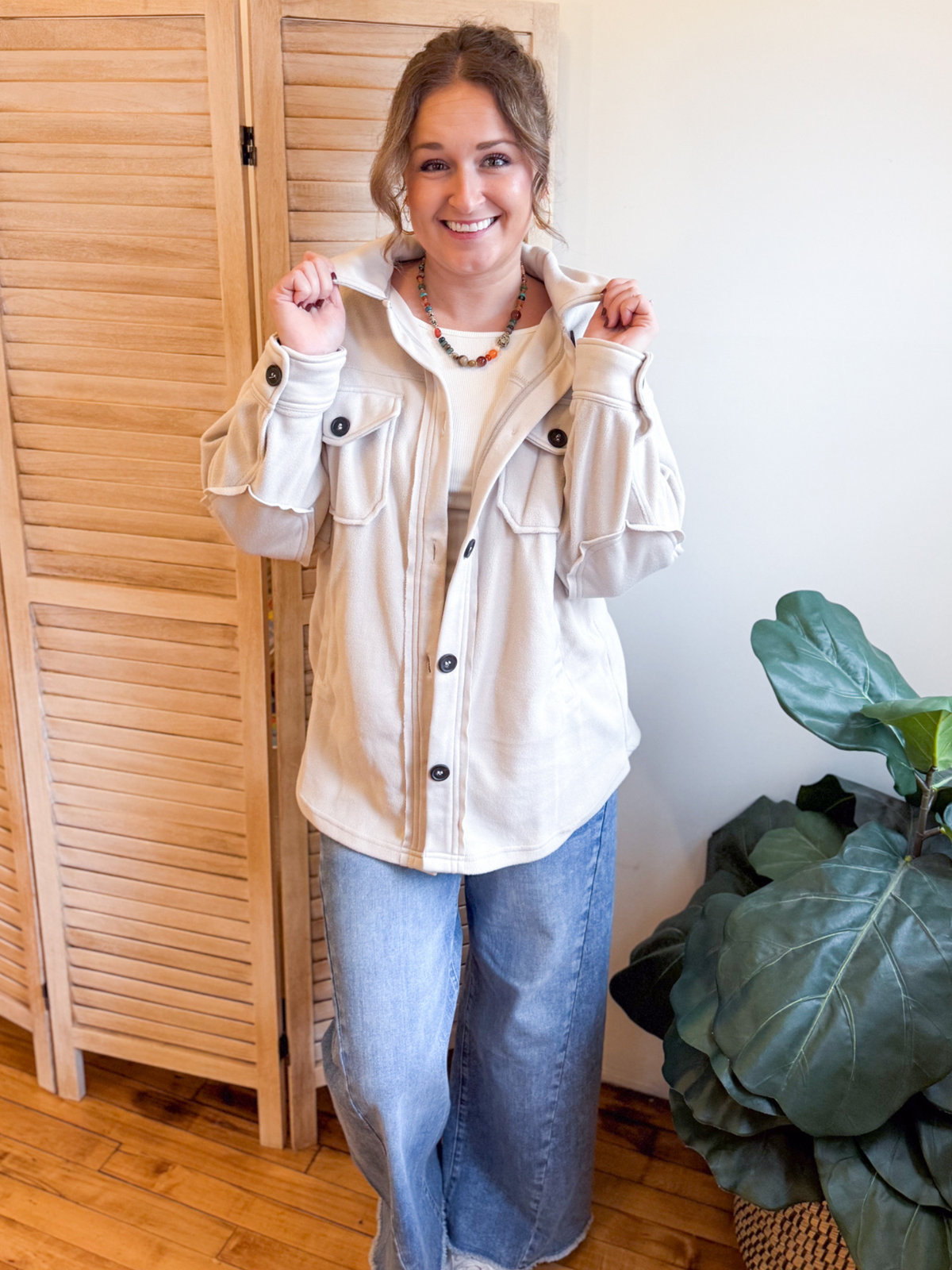 Oversized Basic Fleece Shacket - Sand Beige