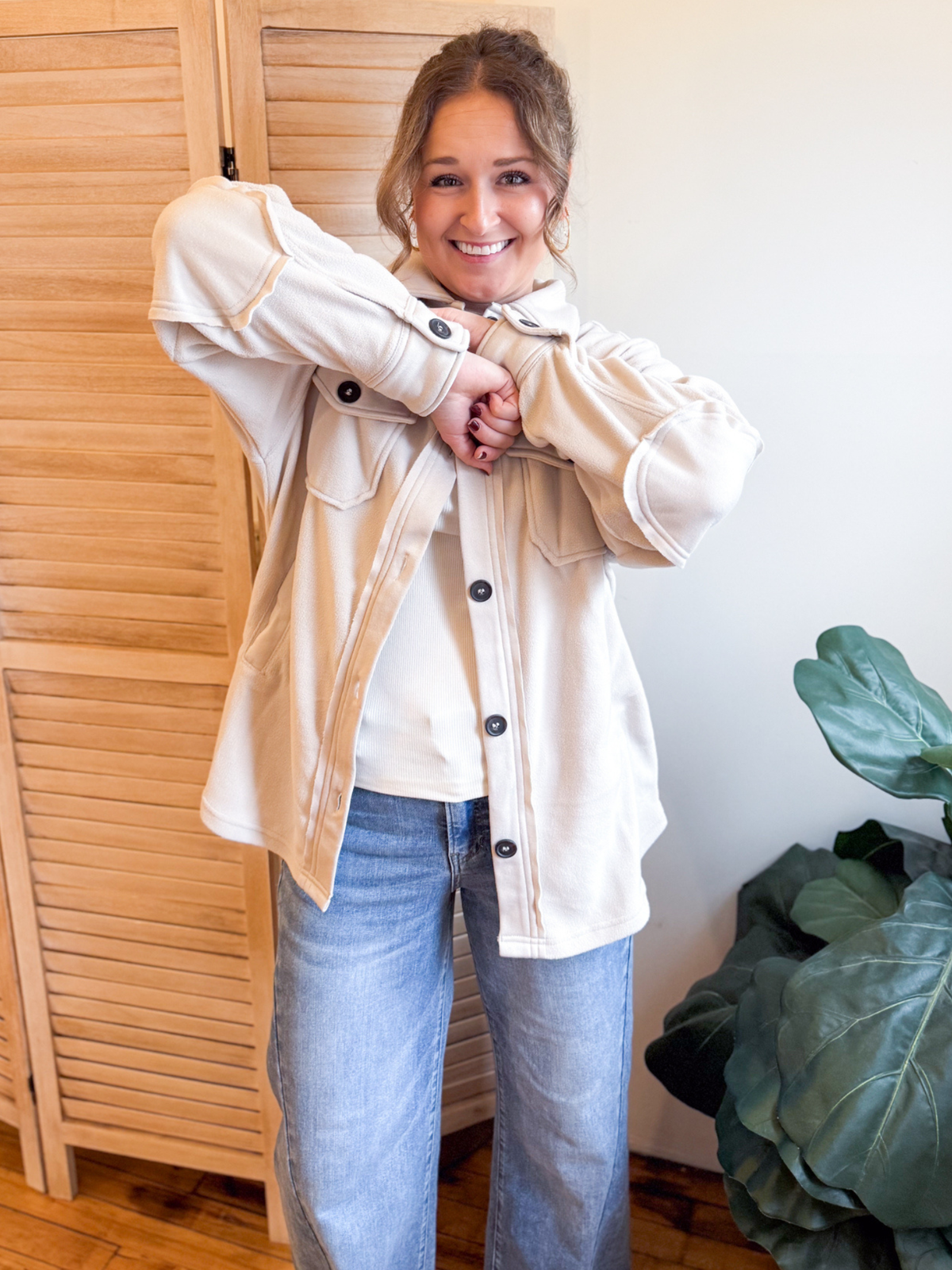 Oversized Basic Fleece Shacket - Sand Beige