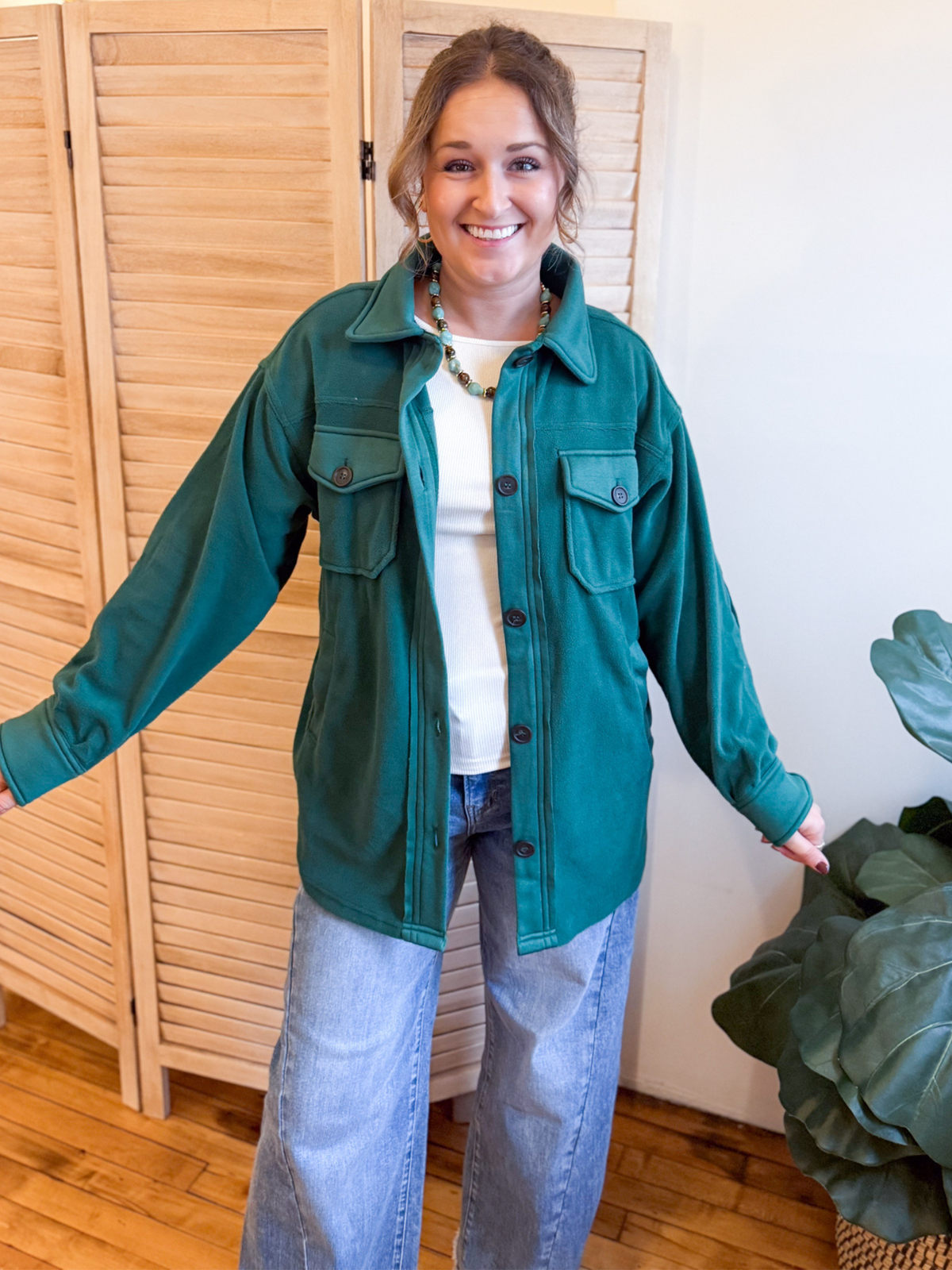 Oversized Basic Fleece Shacket - Hunter Green