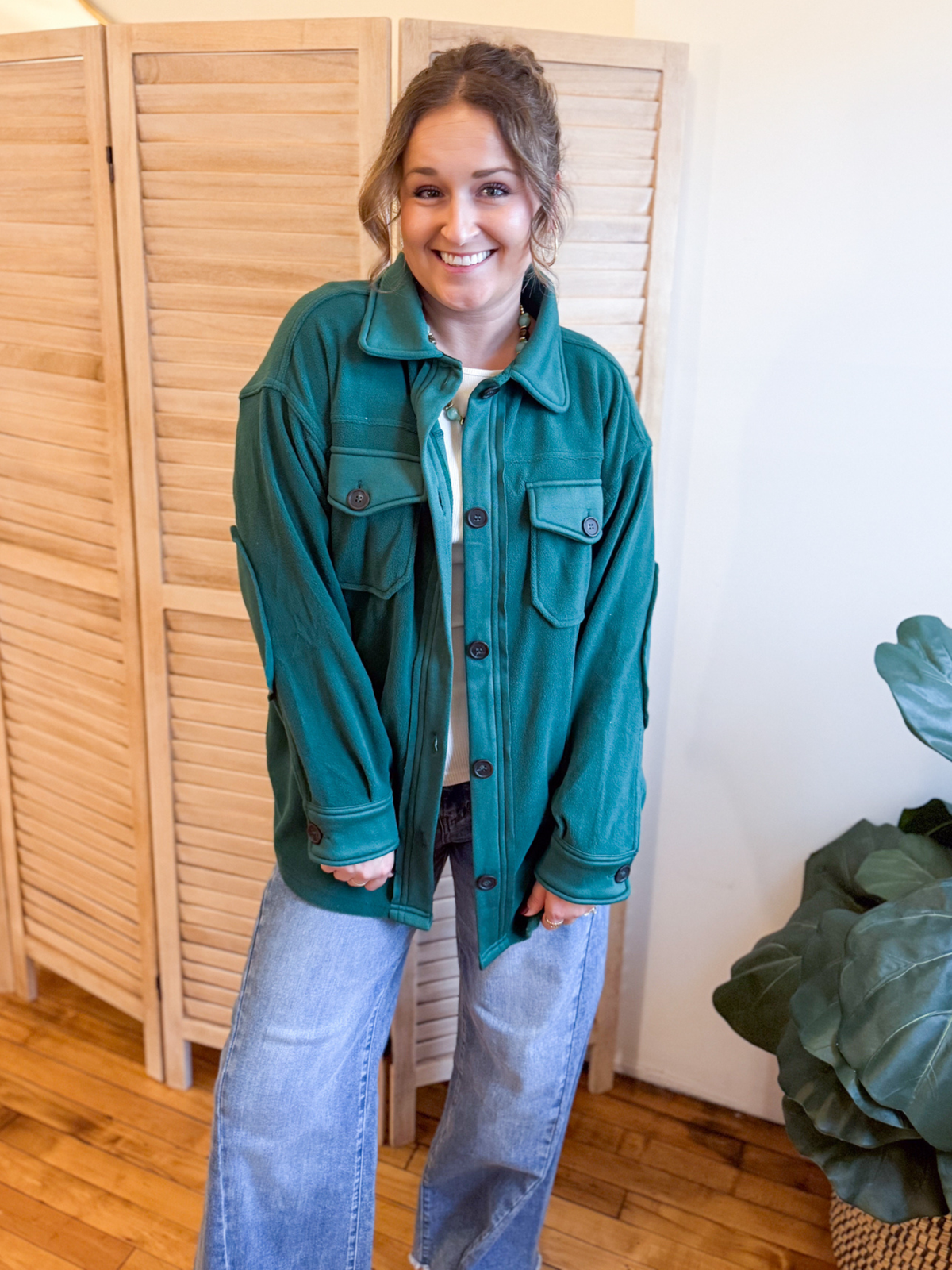 Oversized Basic Fleece Shacket - Hunter Green