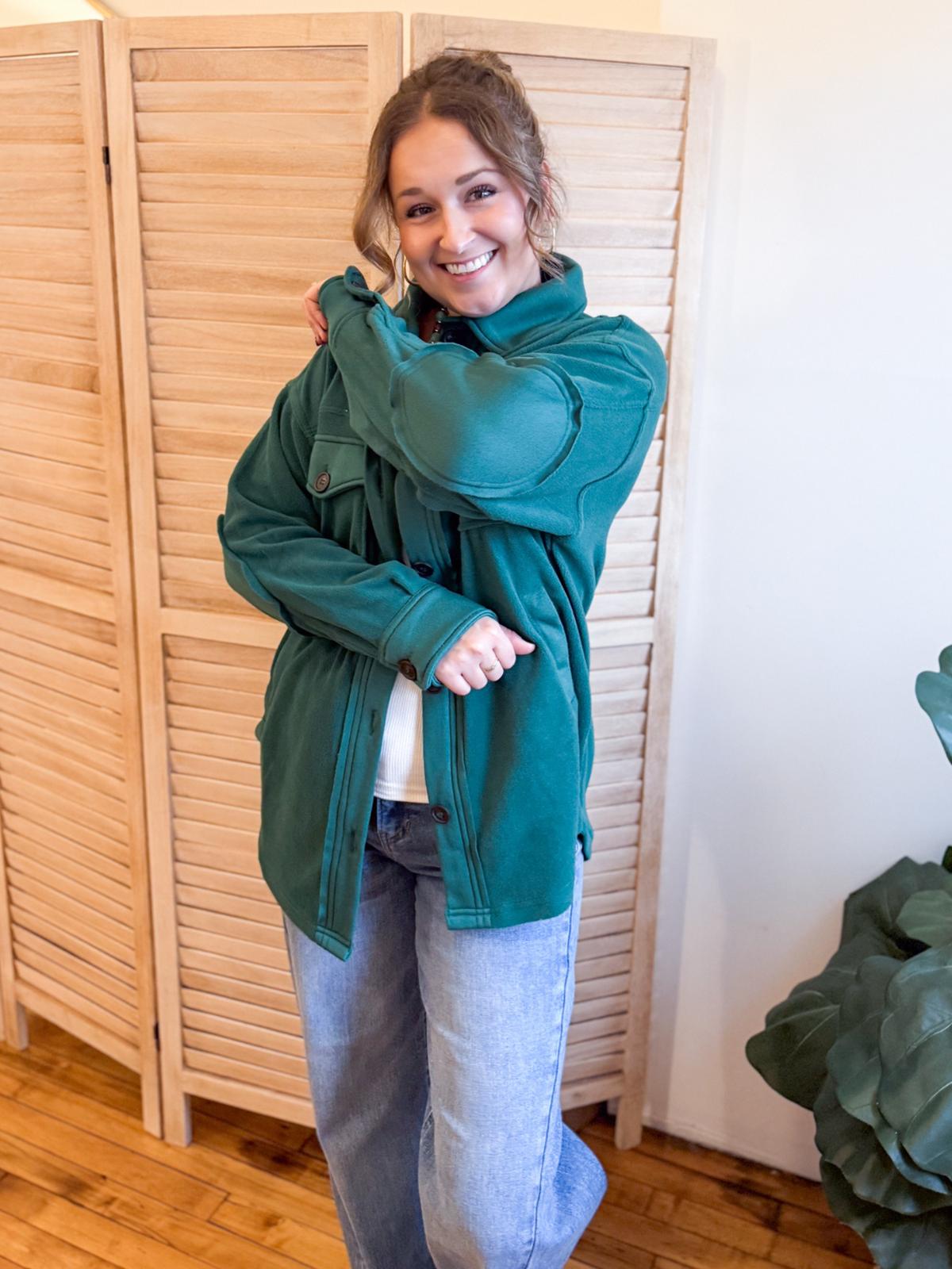 Oversized Basic Fleece Shacket - Hunter Green