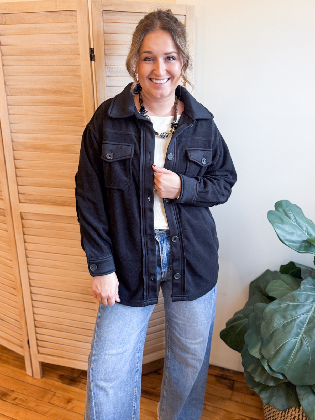 Oversized Basic Fleece Shacket - Black