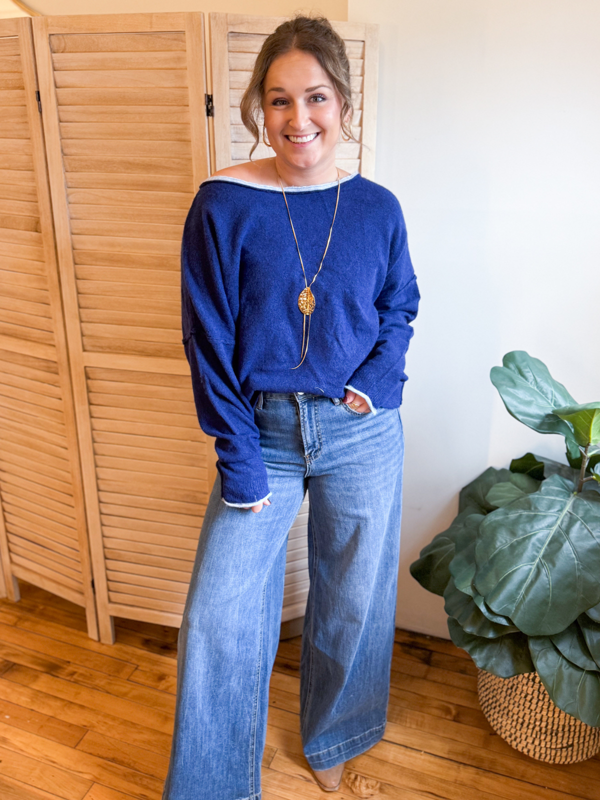 Max Boat Neck Contrast Sweater - Navy