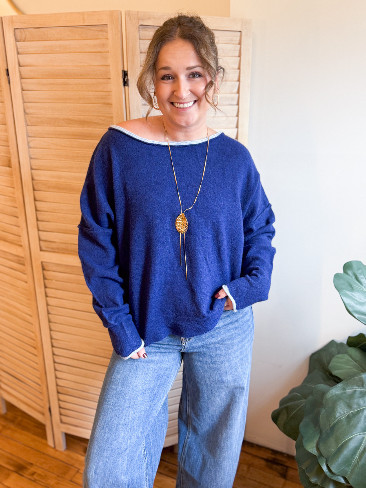 Max Boat Neck Contrast Sweater - Navy