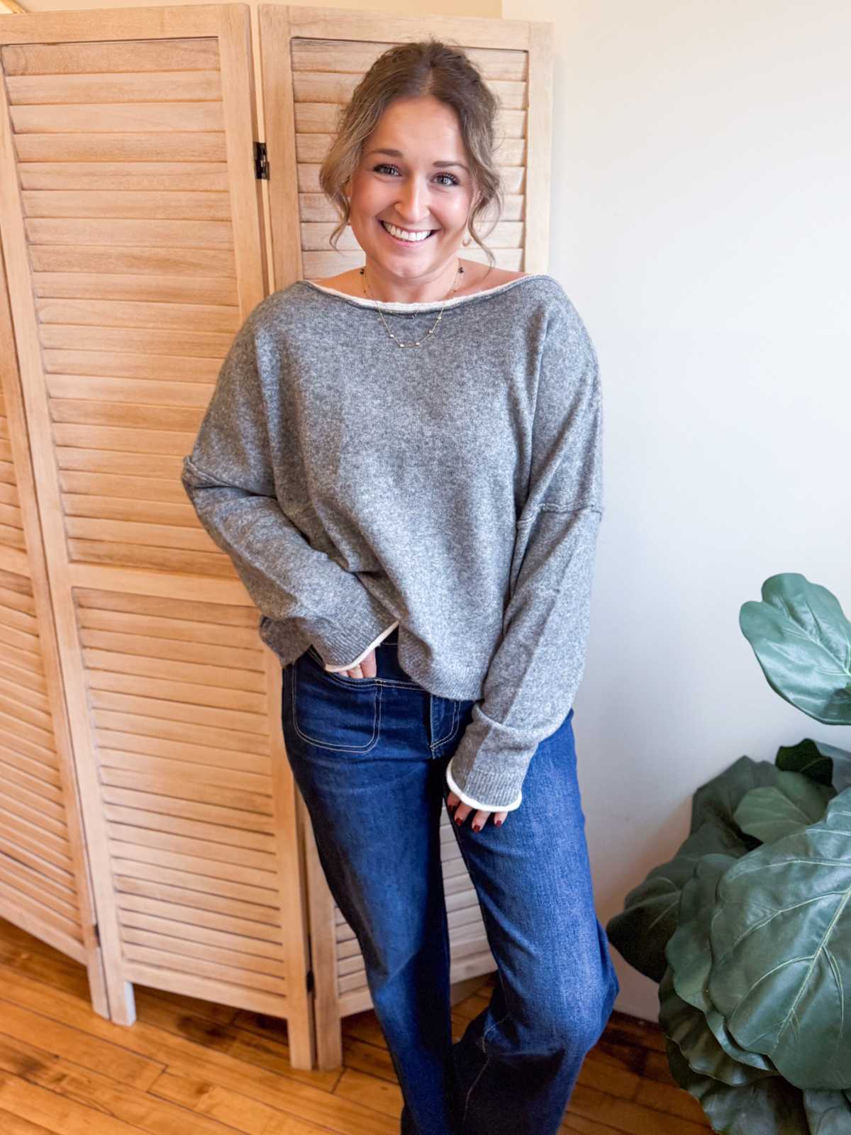 Max Boat Neck Contrast Sweater - Charcoal