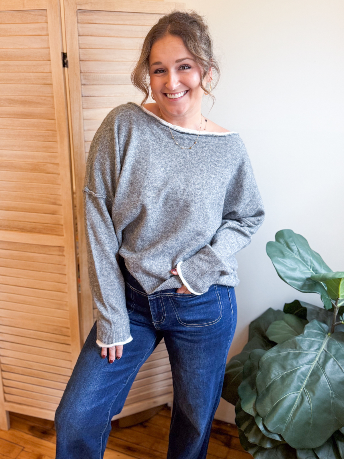 Max Boat Neck Contrast Sweater - Charcoal