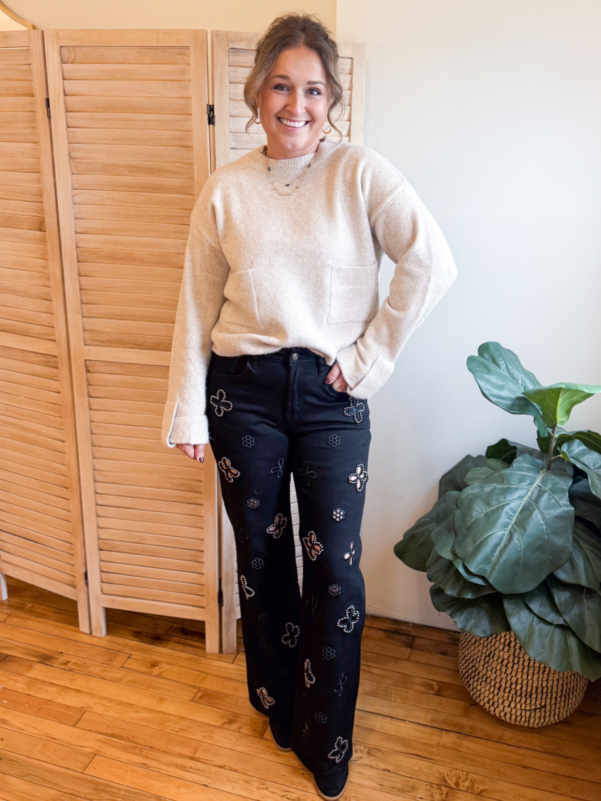 High Rise Wide Leg Flower Cutout Jeans