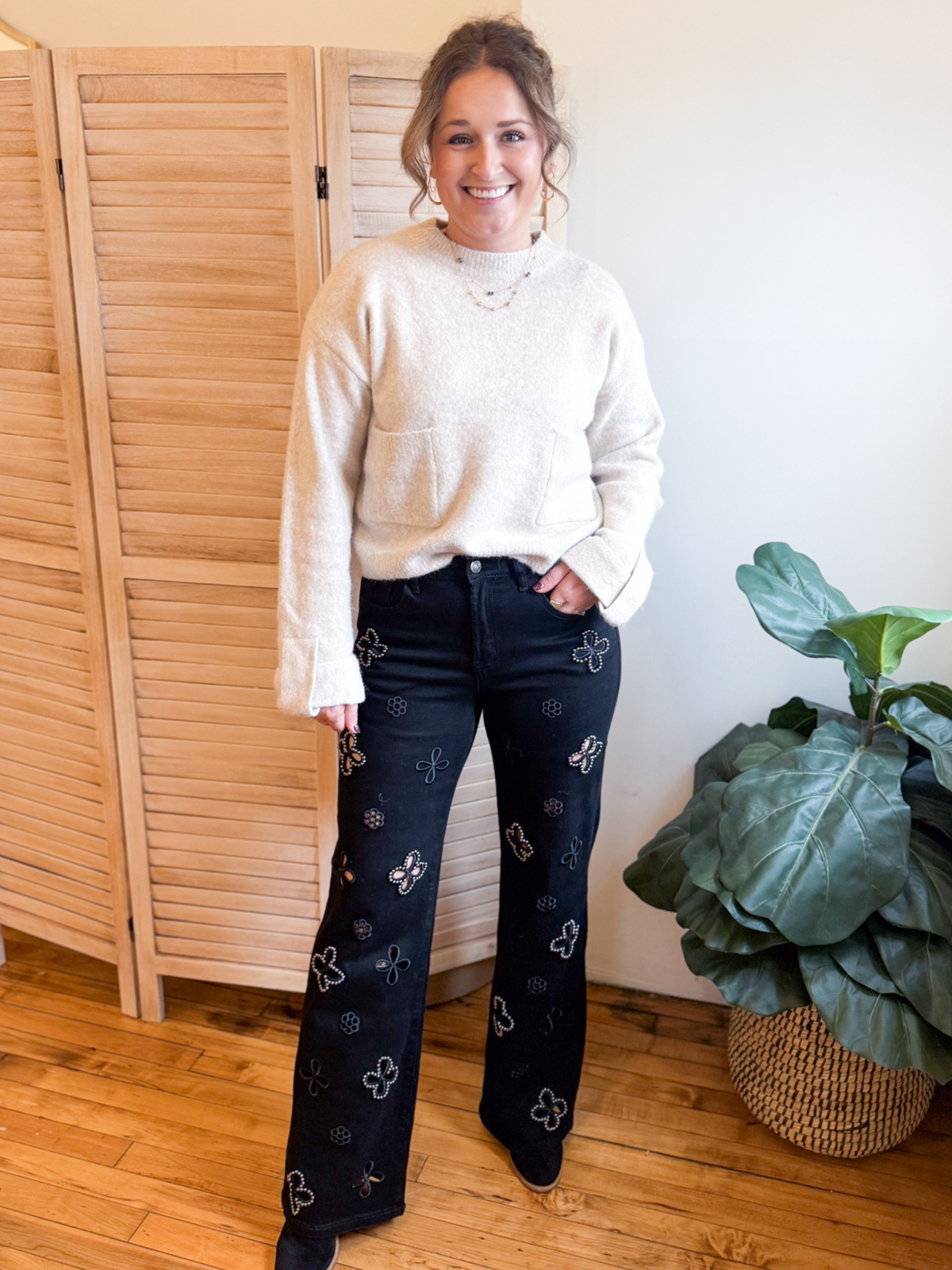 High Rise Wide Leg Flower Cutout Jeans