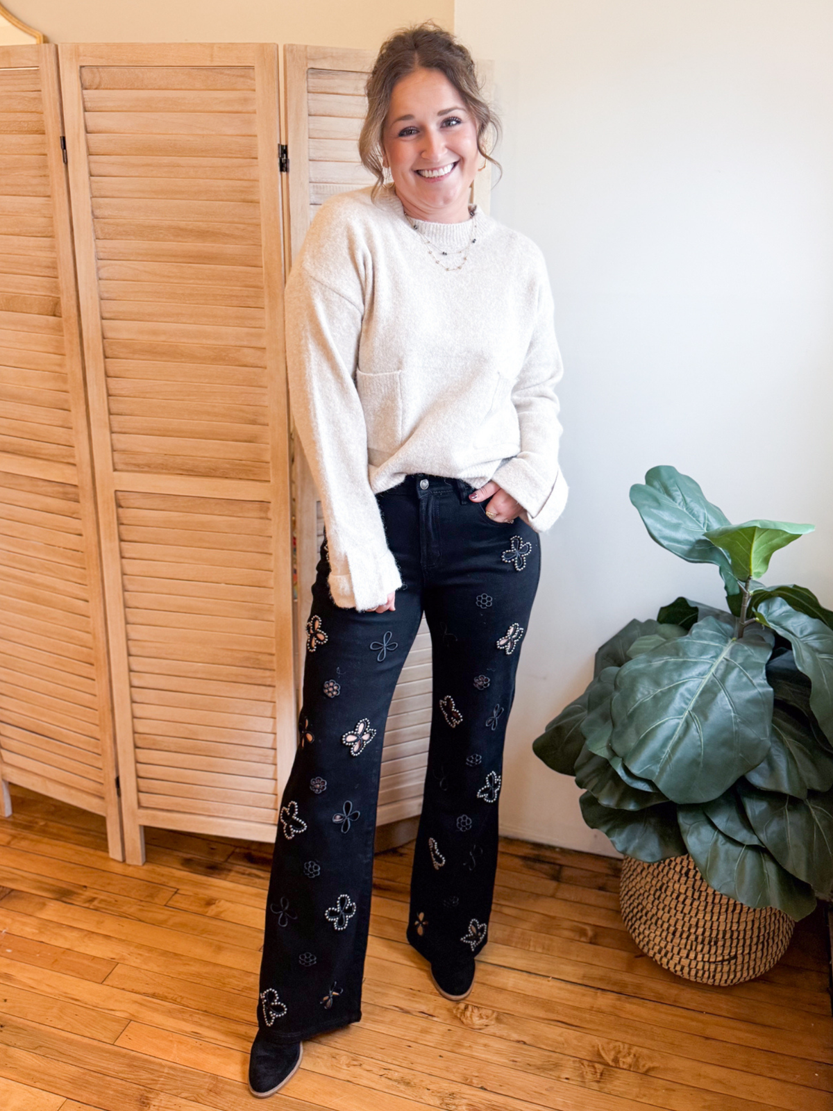 High Rise Wide Leg Flower Cutout Jeans
