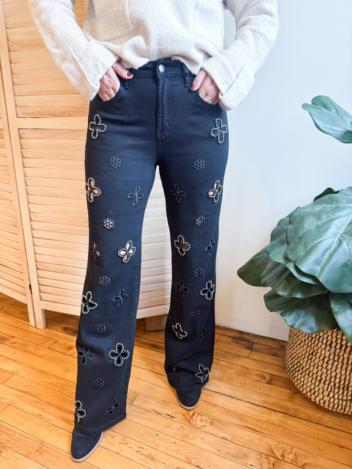 High Rise Wide Leg Flower Cutout Jeans
