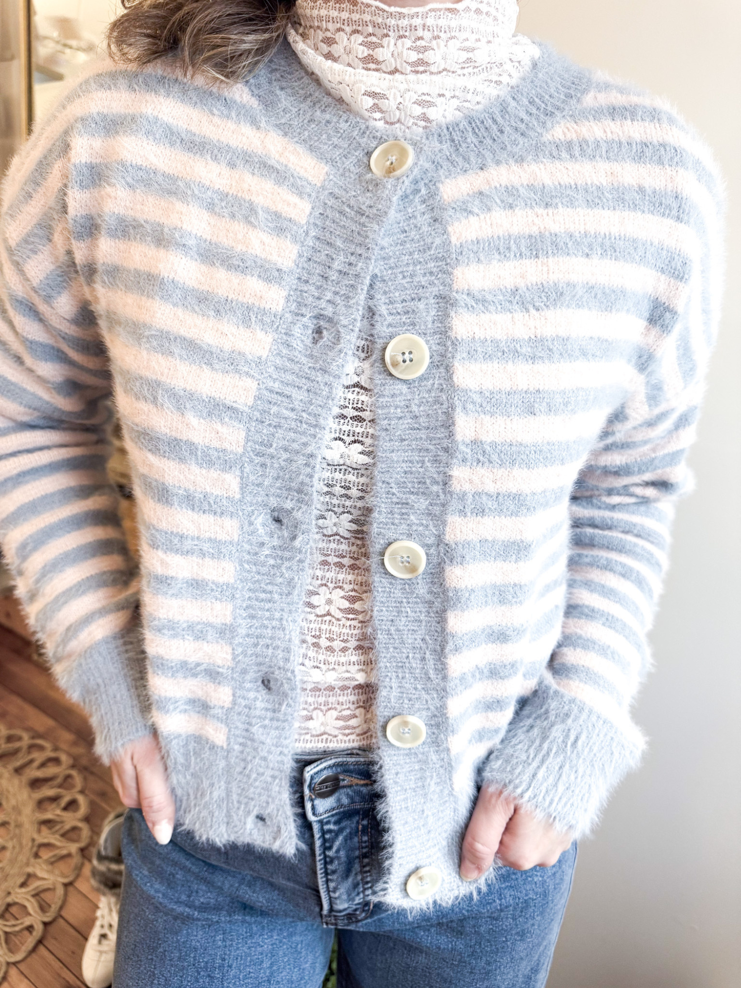Emilee Striped Fuzzy Cardigan - Blue - The Collective Rose