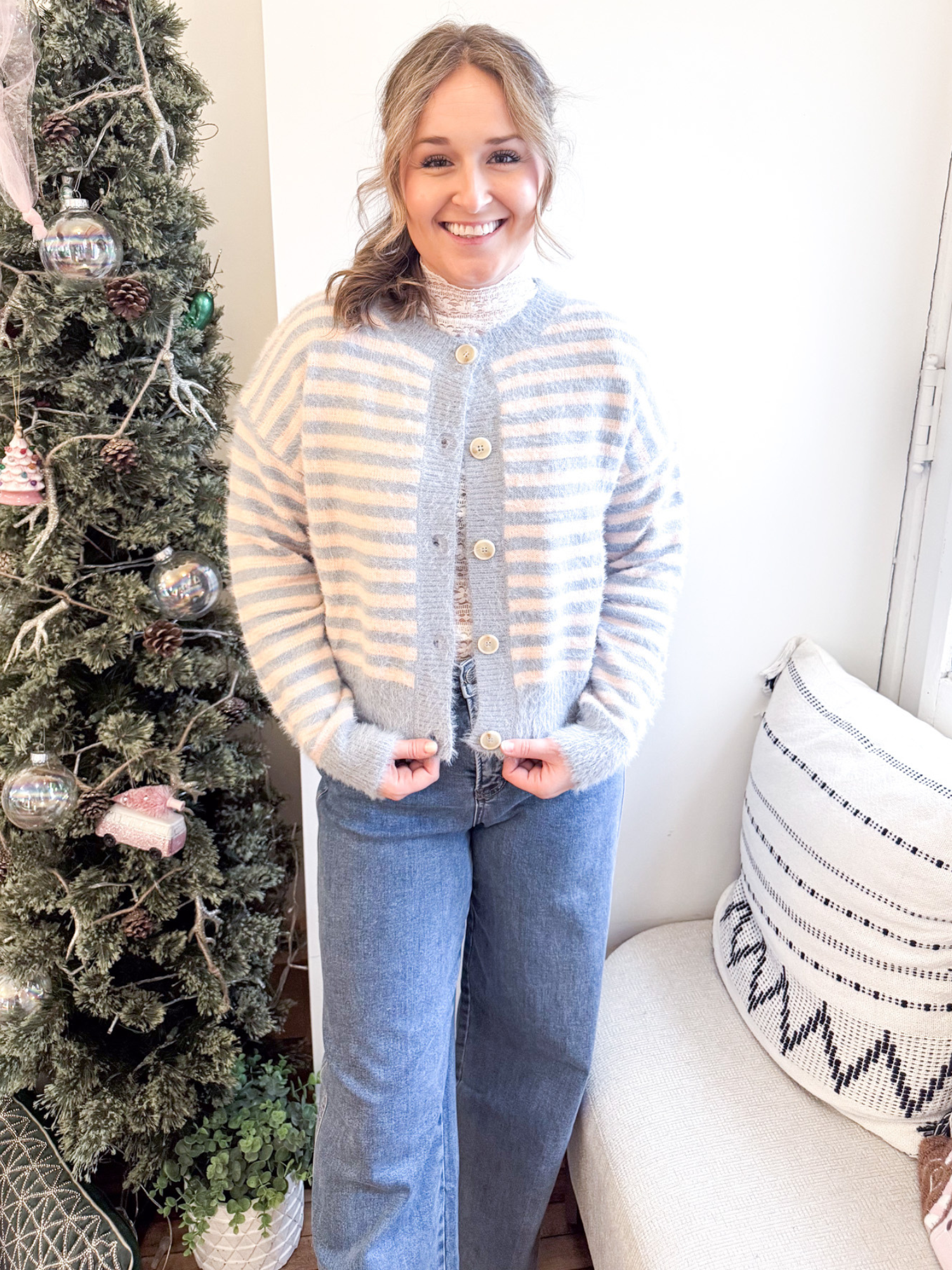 Emilee Striped Fuzzy Cardigan - Blue - The Collective Rose