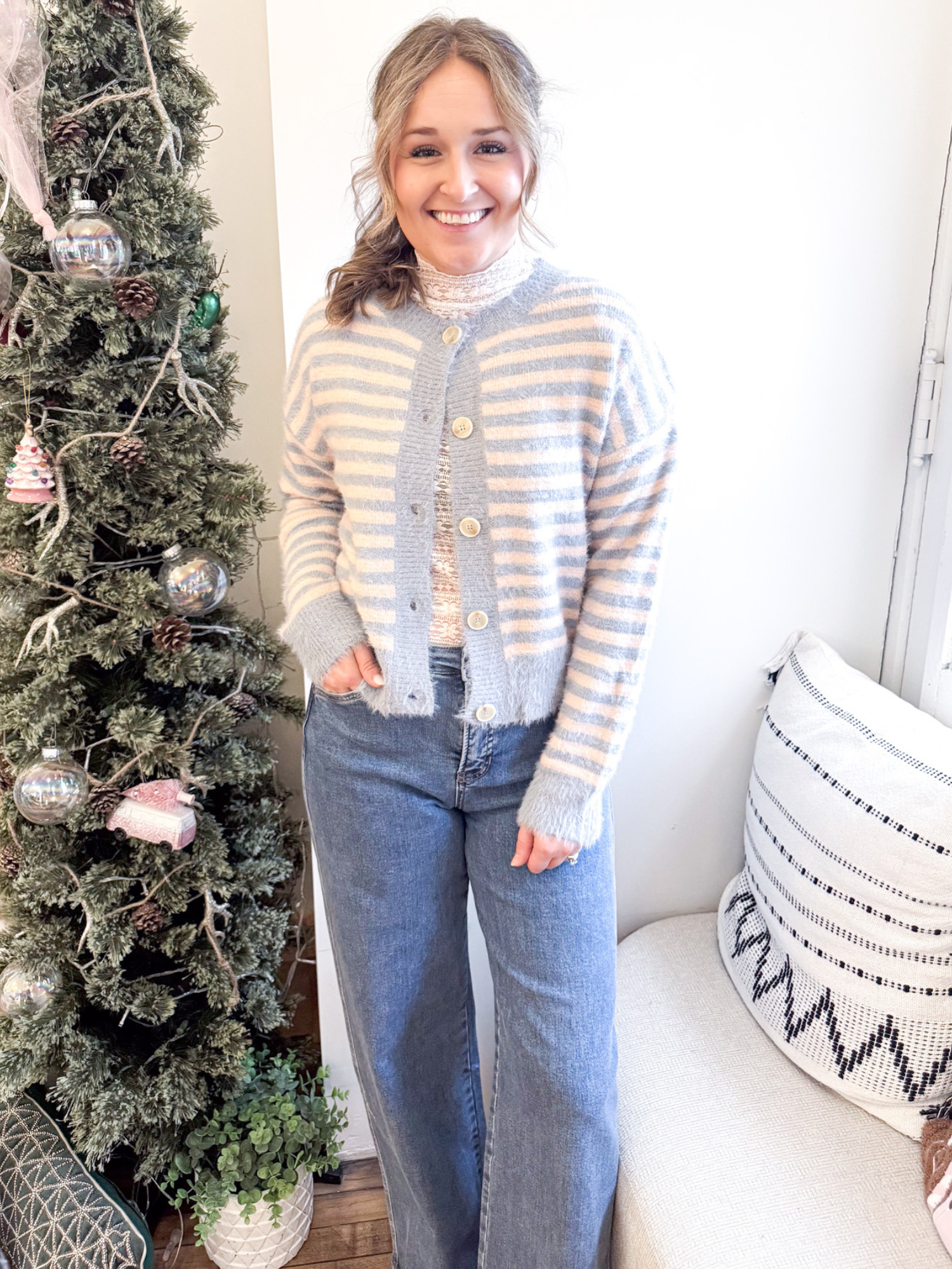 Emilee Striped Fuzzy Cardigan - Blue - The Collective Rose