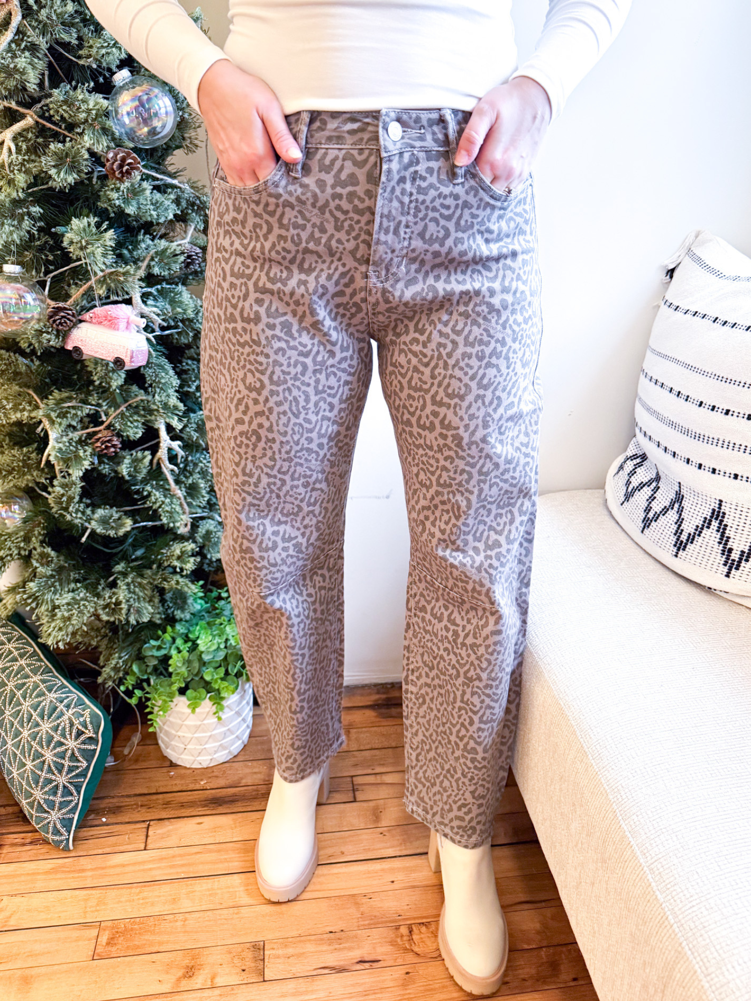 Leopard Print Slimming Barrel Jeans - The Collective Rose