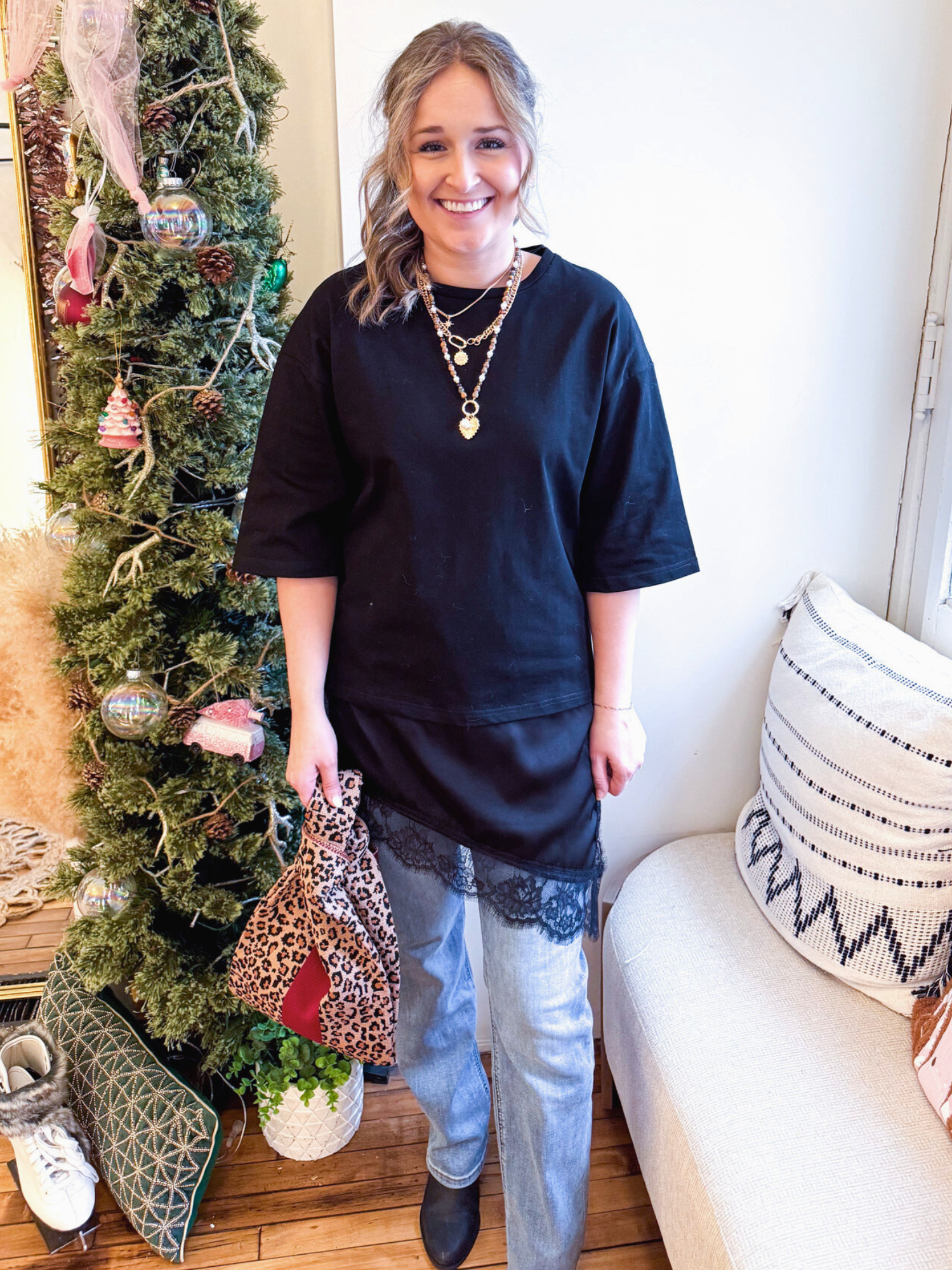 Hazel Lace Trim Tee - Black