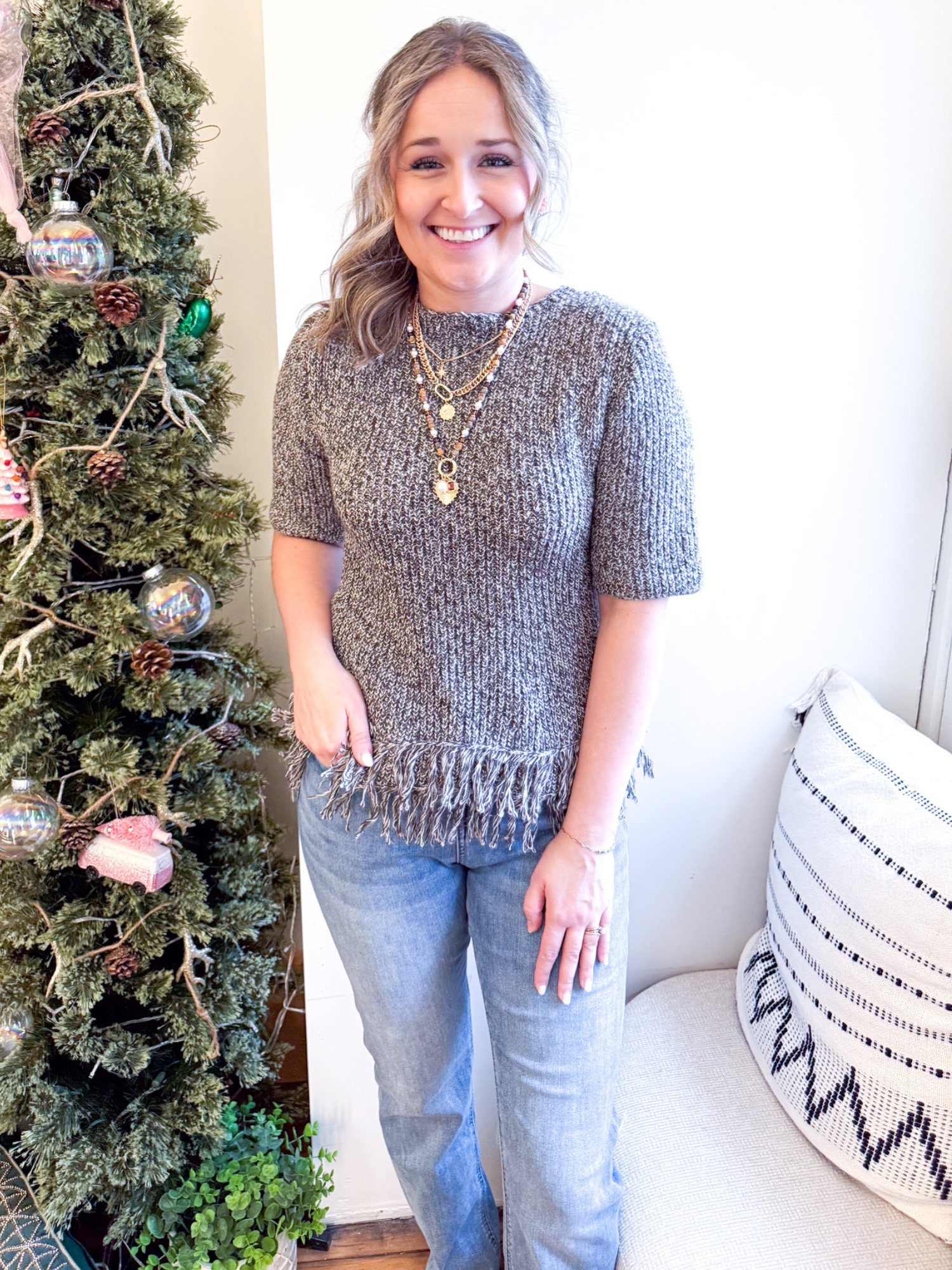Charlotte Short Sleeve Fringe Sweater